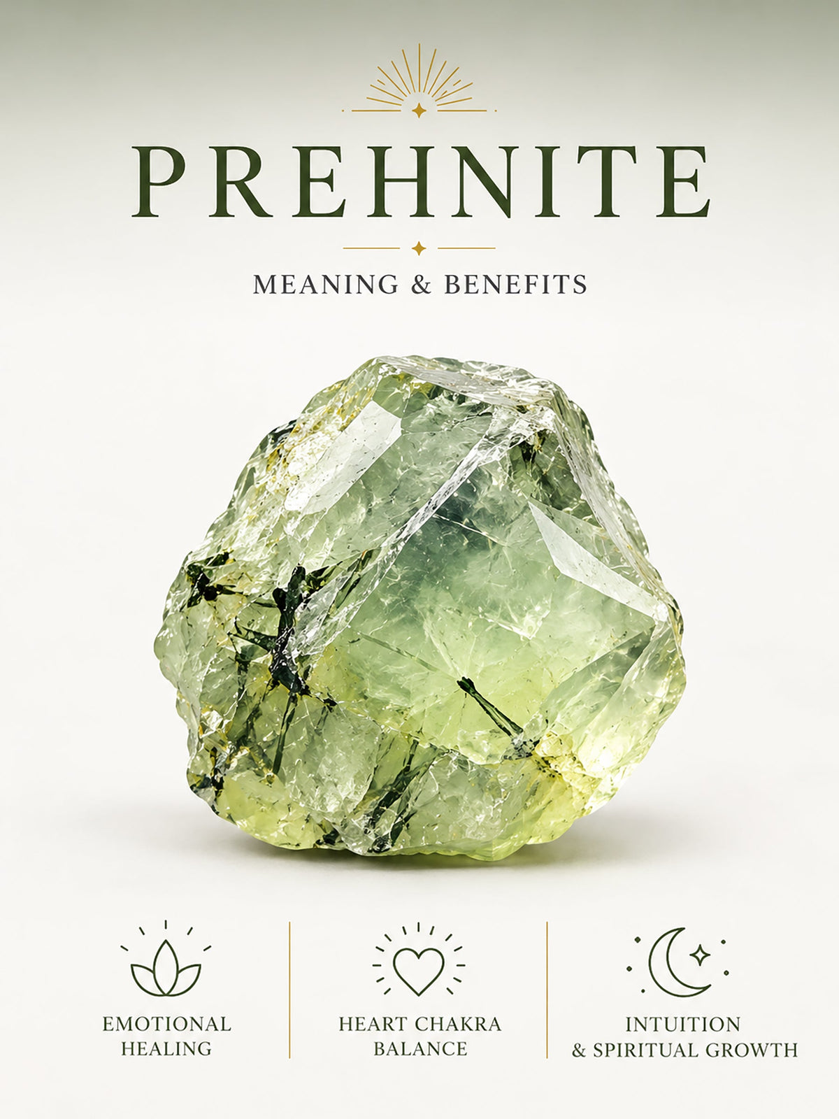 Prehnite crystal with soft green translucent tones, highlighting emotional healing, Heart Chakra balance, intuition, and spiritual growth.