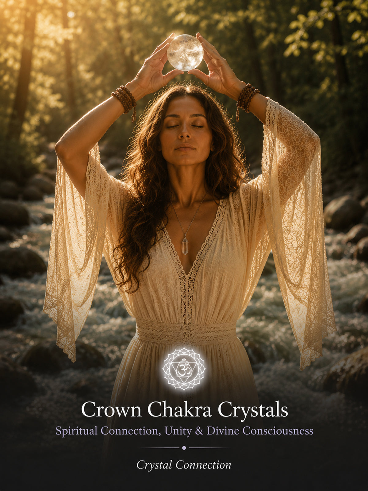 Woman meditating with a clear quartz crystal sphere above the crown chakra in soft natural forest light, representing awareness, energetic clarity, inner stillness, and spiritual connection.