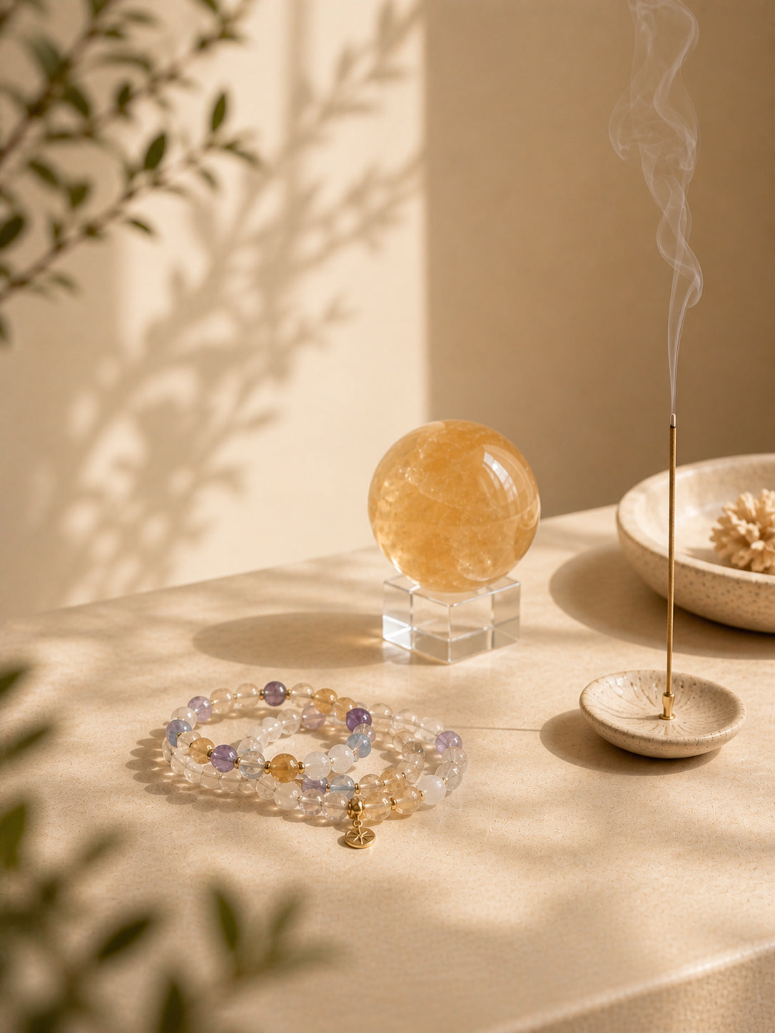 Crystal bracelets arranged in a calm ritual setting with a citrine sphere and incense, representing emotional balance and mindful living
