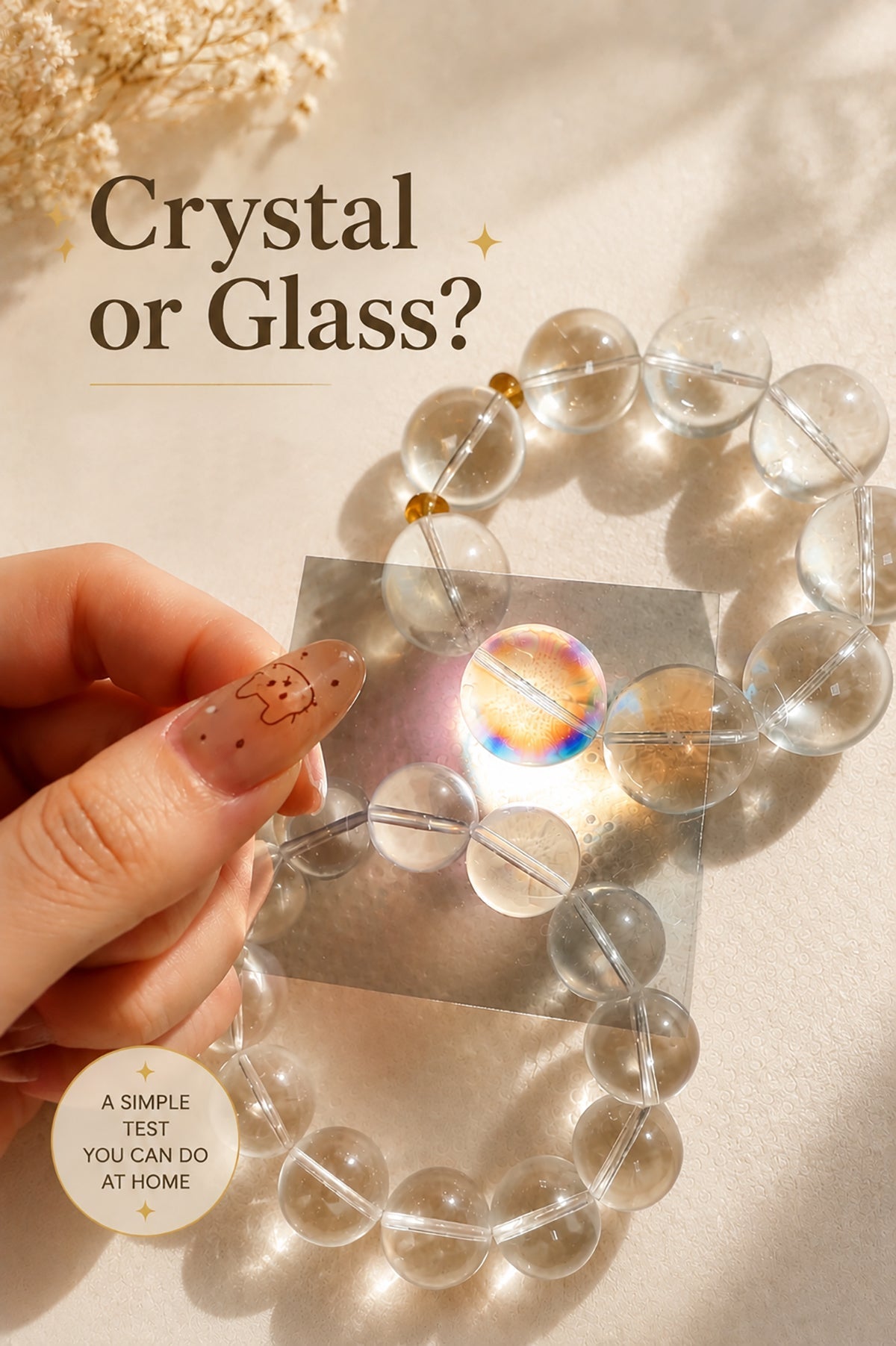 Crystal or glass test using a polarizing filter to observe quartz crystal optical properties at home