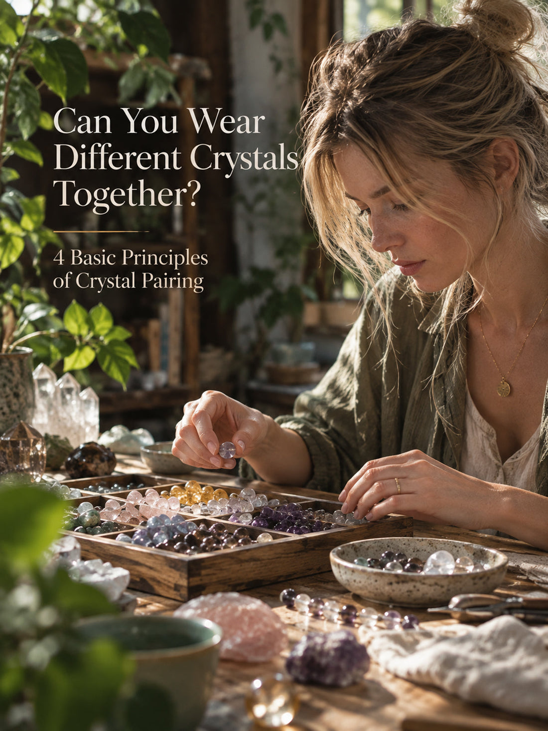 Woman selecting crystal beads while creating a personalized crystal combination based on different energy needs.