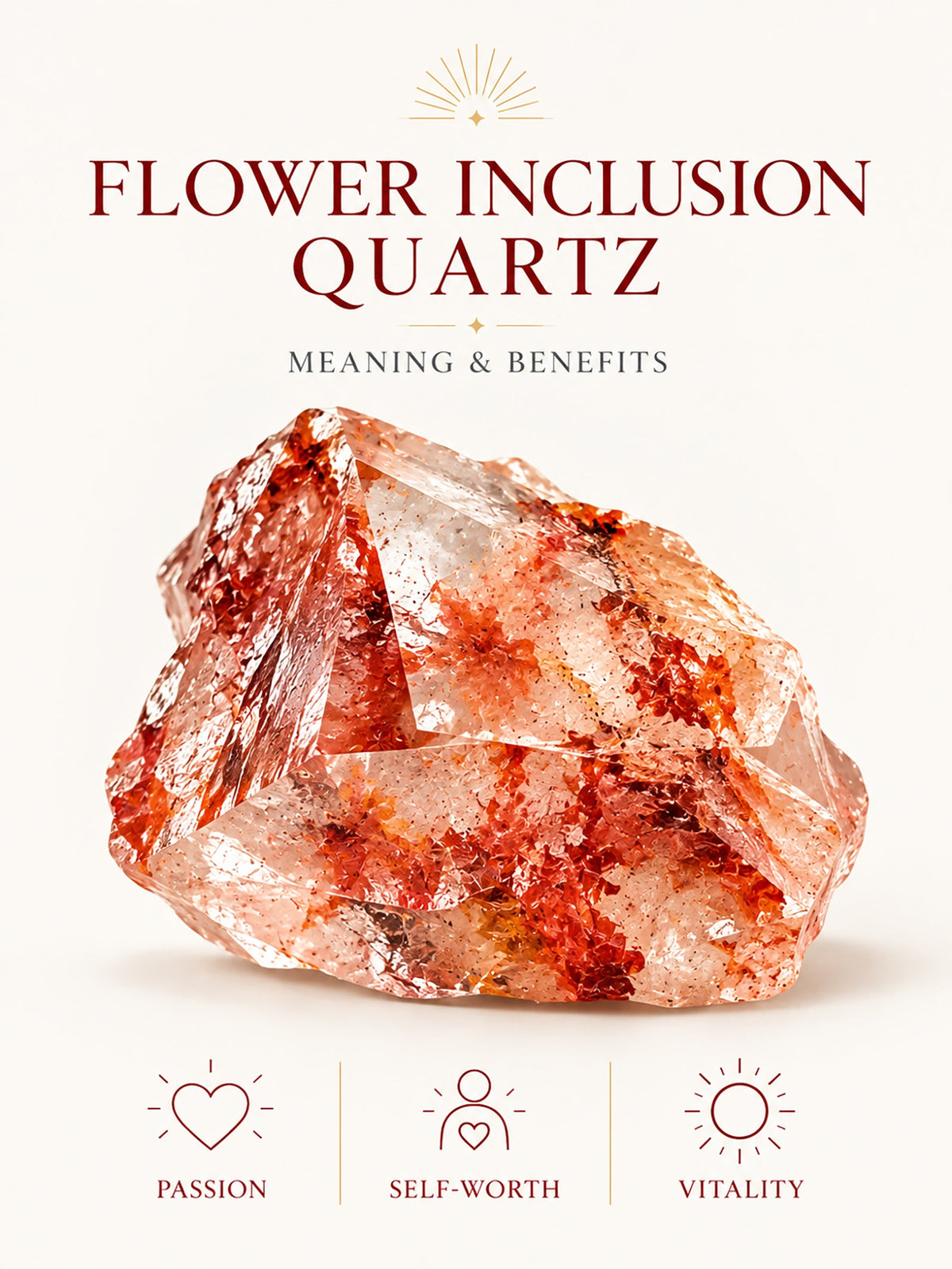  Flower Inclusion Quartz crystal with natural-looking red and orange mineral inclusions, featured in a guide to crystal meaning, passion, self-worth, and vitality.