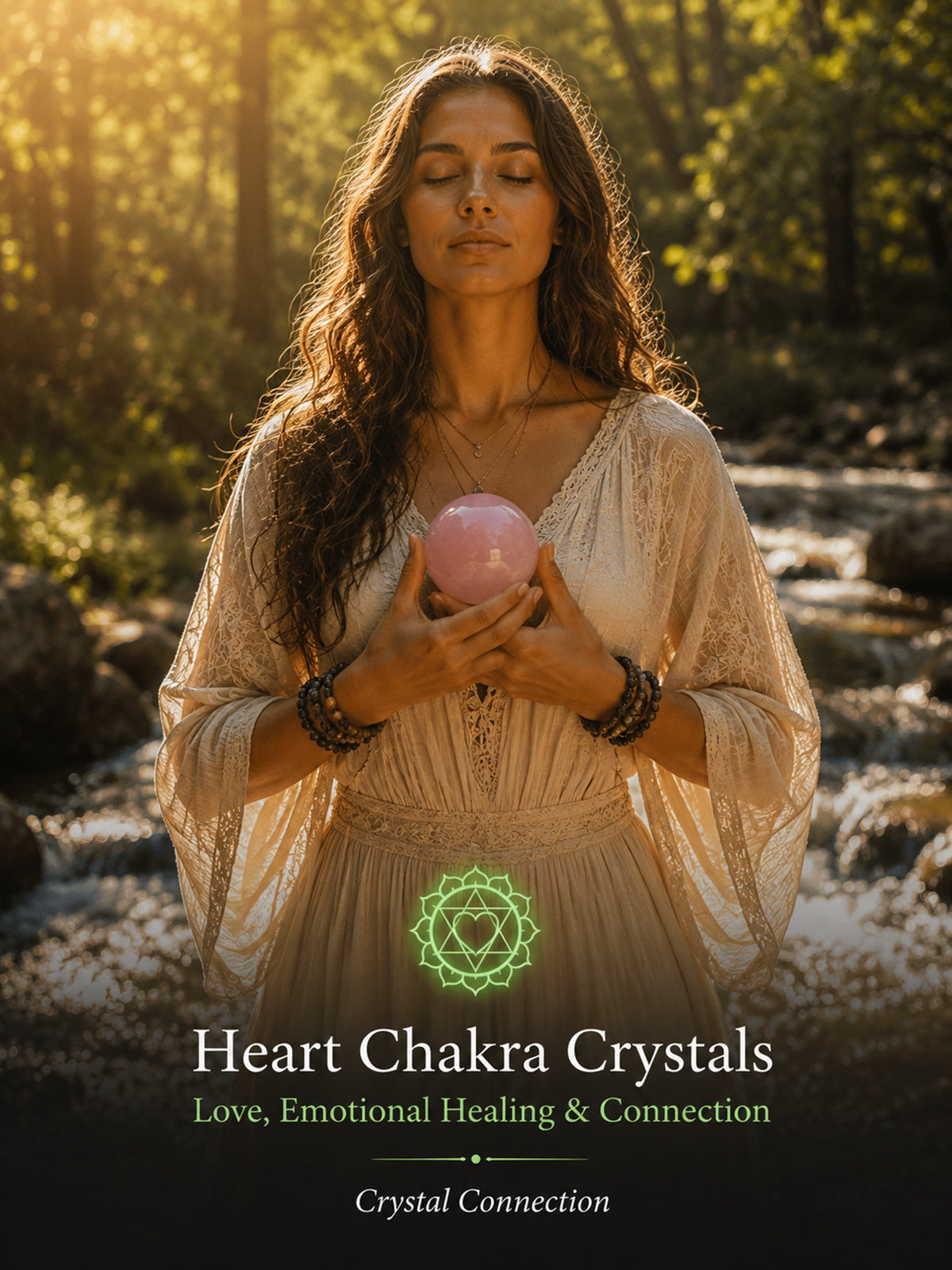 Woman gently holding a soft pink crystal sphere near the heart center in nature, symbolizing love, emotional healing, compassion, openness, and emotional connection.