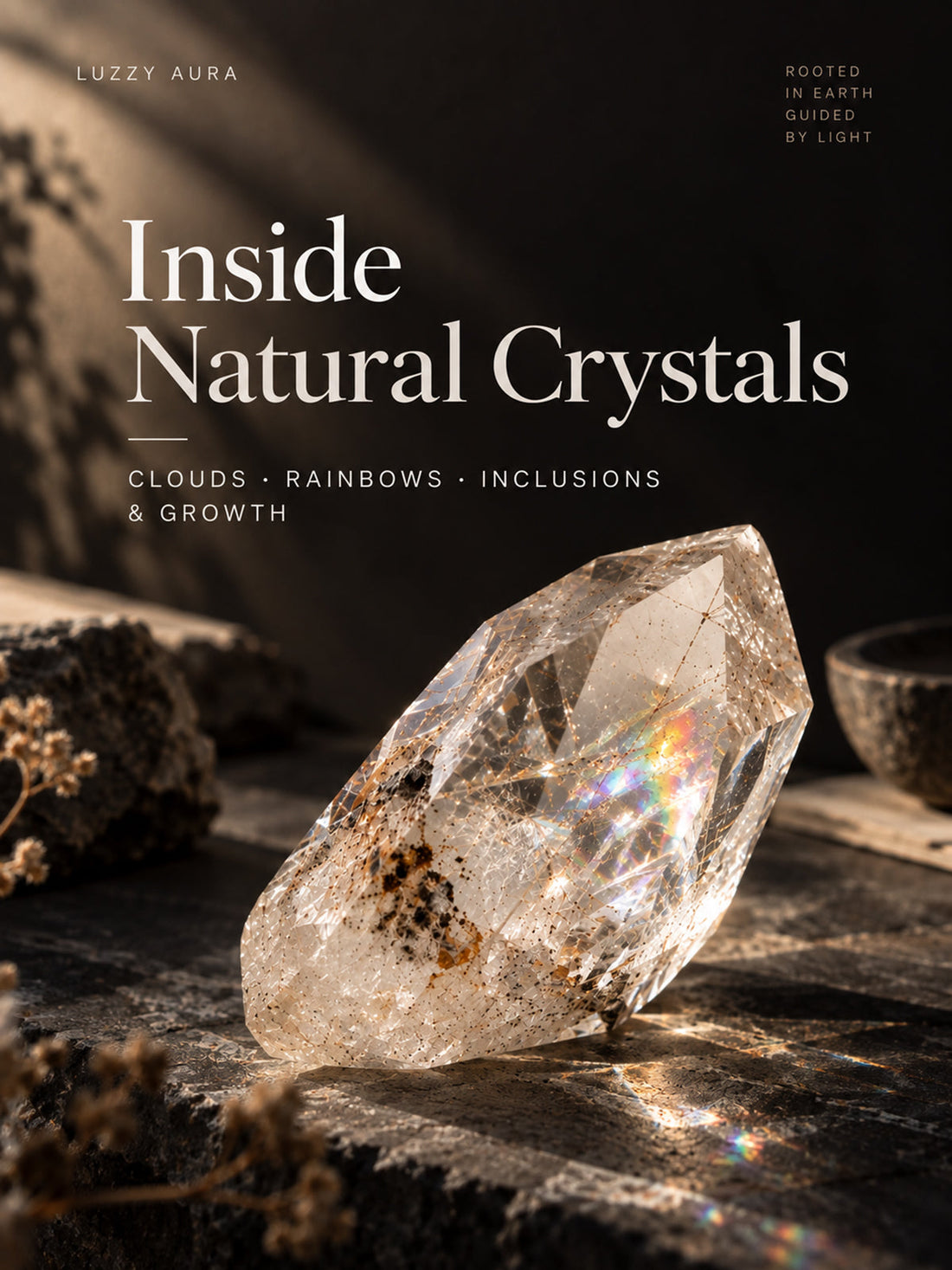 Natural crystal with mineral inclusions, internal fractures and rainbow reflections under dramatic light | Luzzy Aura