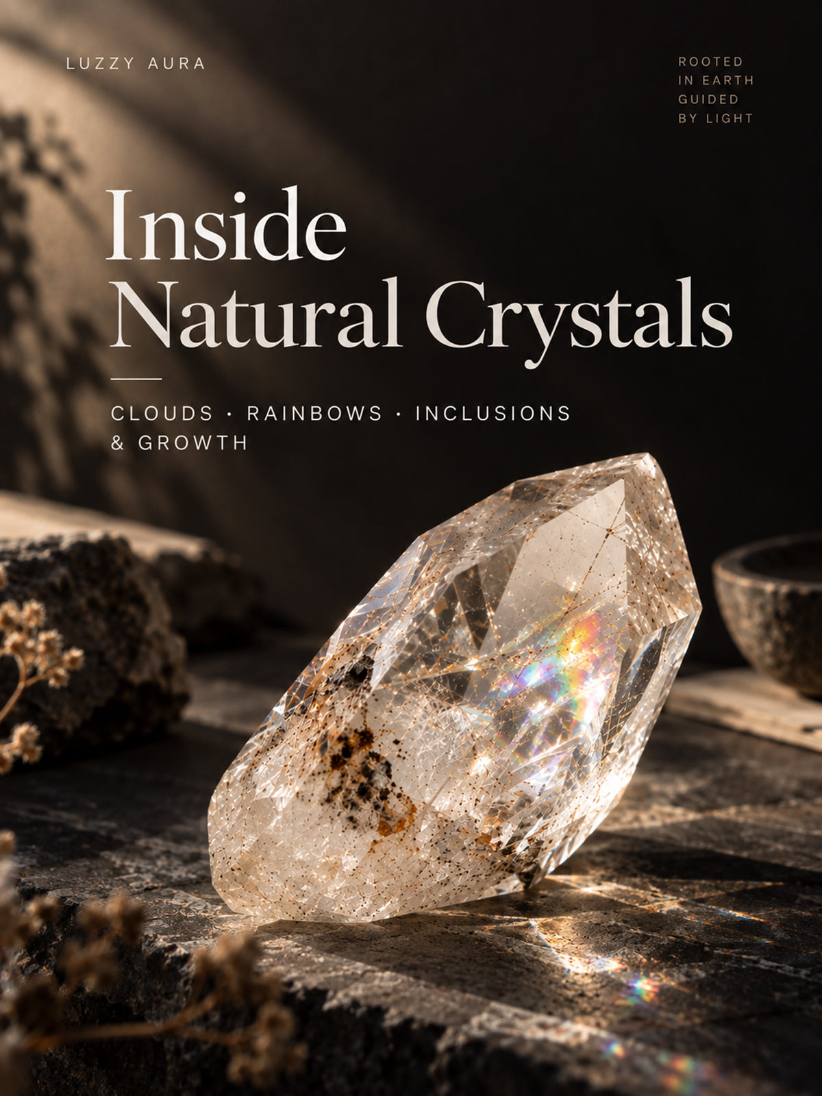 Natural crystal with mineral inclusions, internal fractures and rainbow reflections under dramatic light | Luzzy Aura