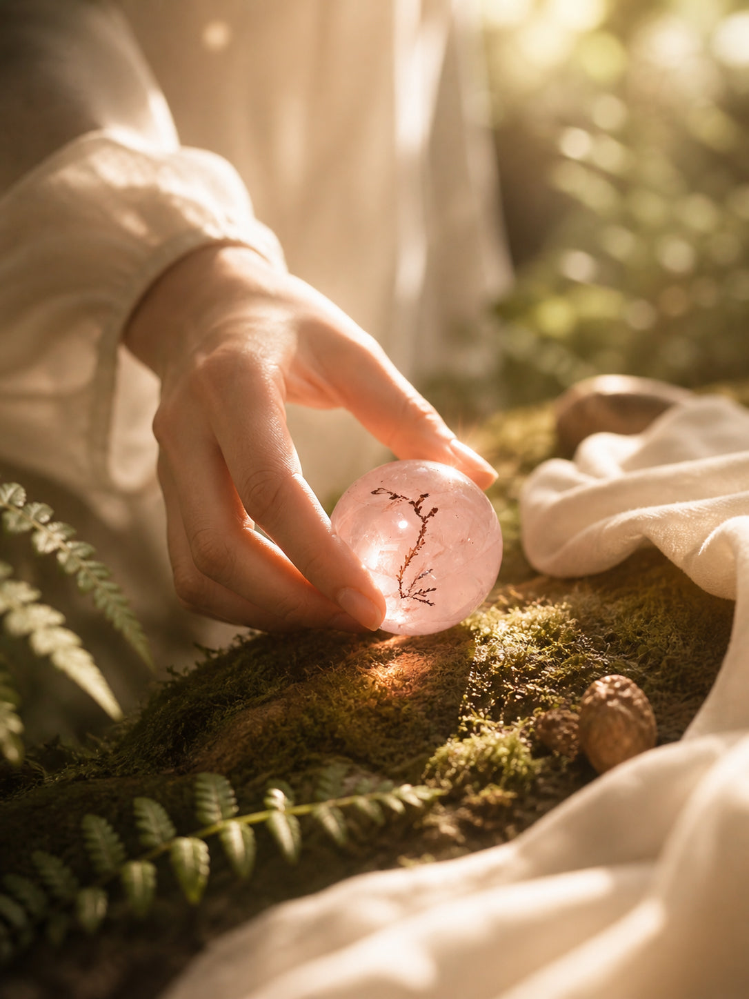 Hand holding a pink crystal sphere in warm natural light, representing emotional connection and a quiet personal moment