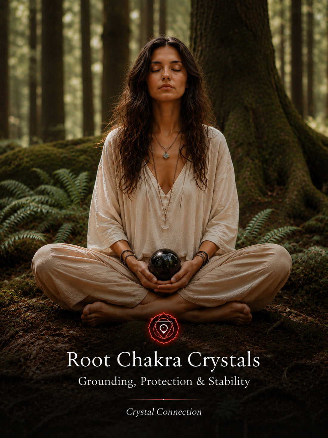 Woman holding a black crystal sphere near the lower abdomen in a forest setting, representing Root Chakra crystals for grounding, protection, emotional stability, and inner safety.