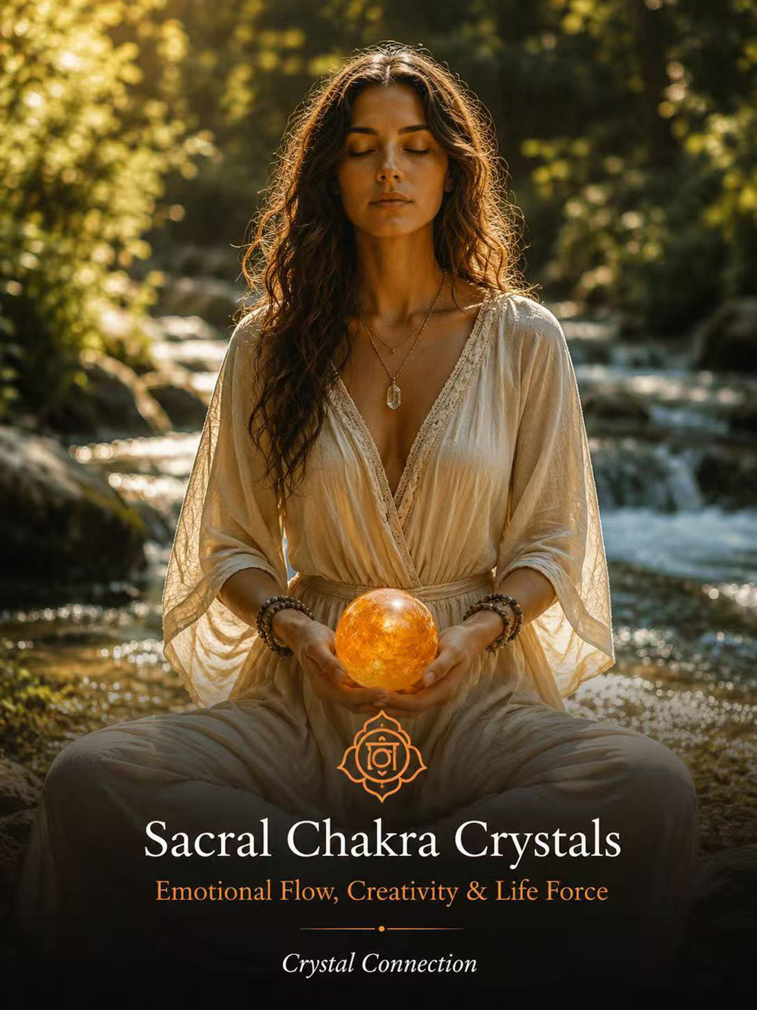Woman holding an orange crystal sphere near the sacral chakra in warm natural sunlight, symbolizing emotional flow, creativity, passion, vitality, and life-force energy.
