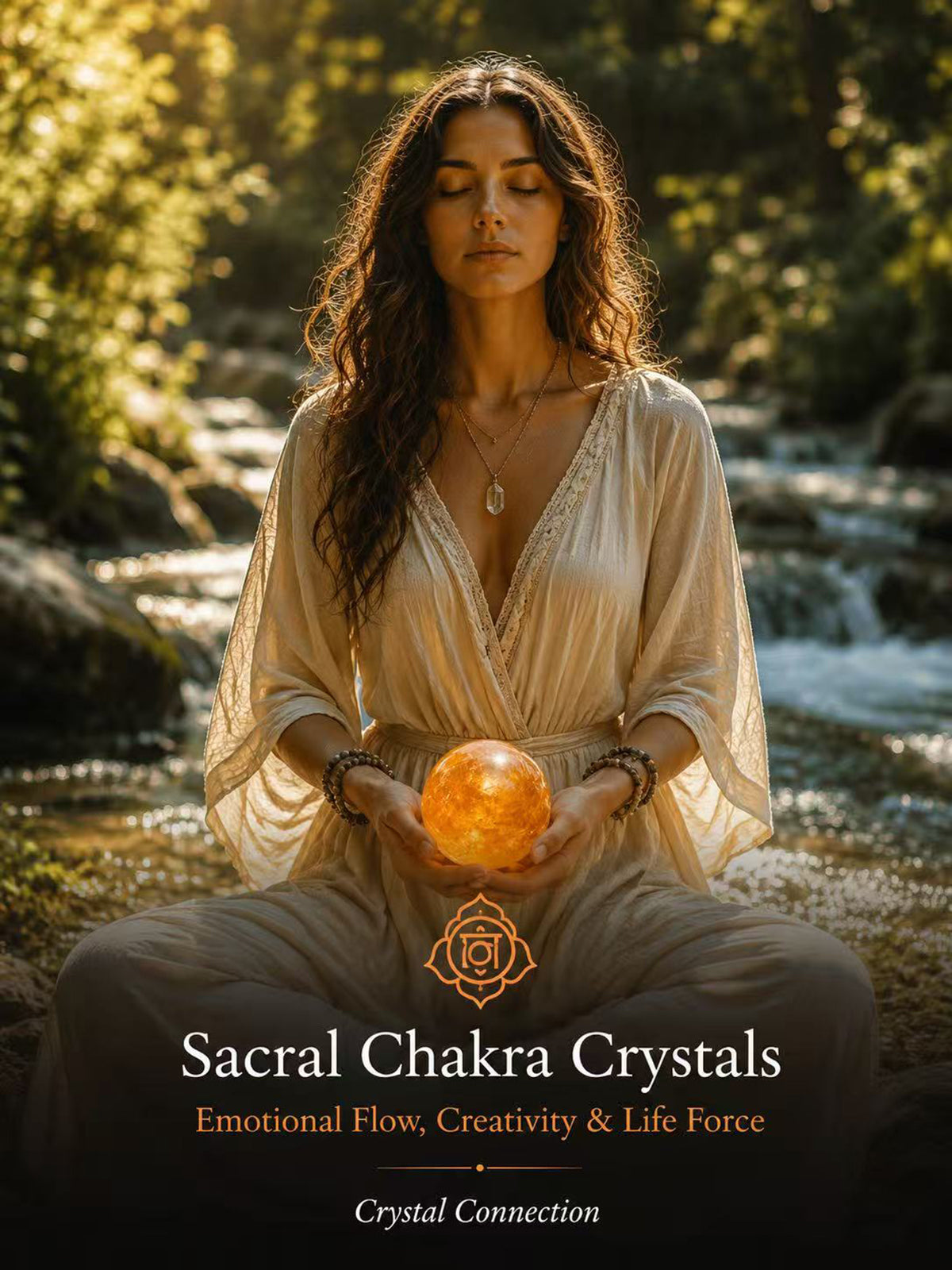 Woman holding an orange crystal sphere near the sacral chakra in warm natural sunlight, symbolizing emotional flow, creativity, passion, vitality, and life-force energy.