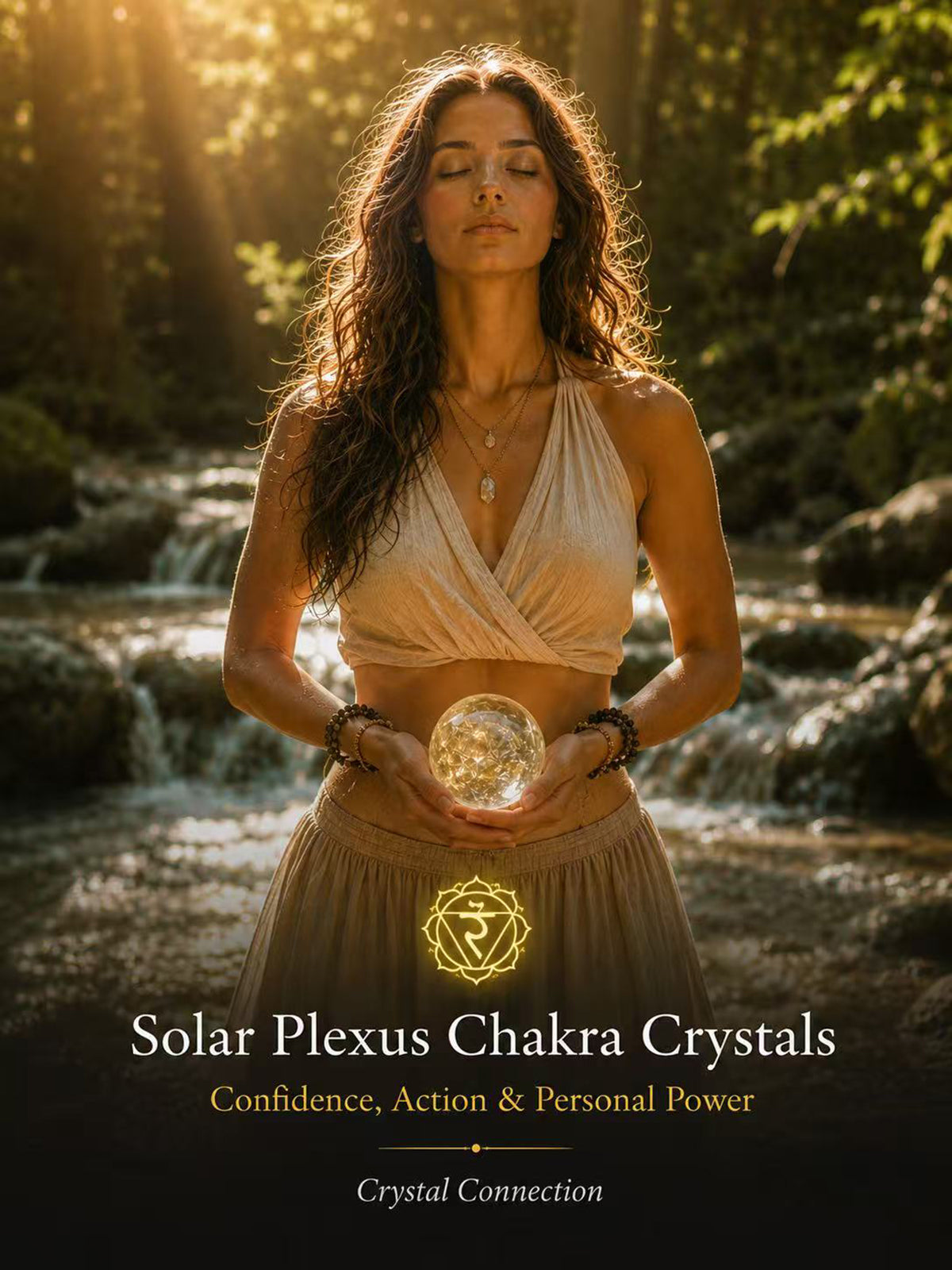 Woman meditating with a golden crystal sphere at the solar plexus area in a forest river setting, representing confidence, action, motivation, manifestation, and personal power.