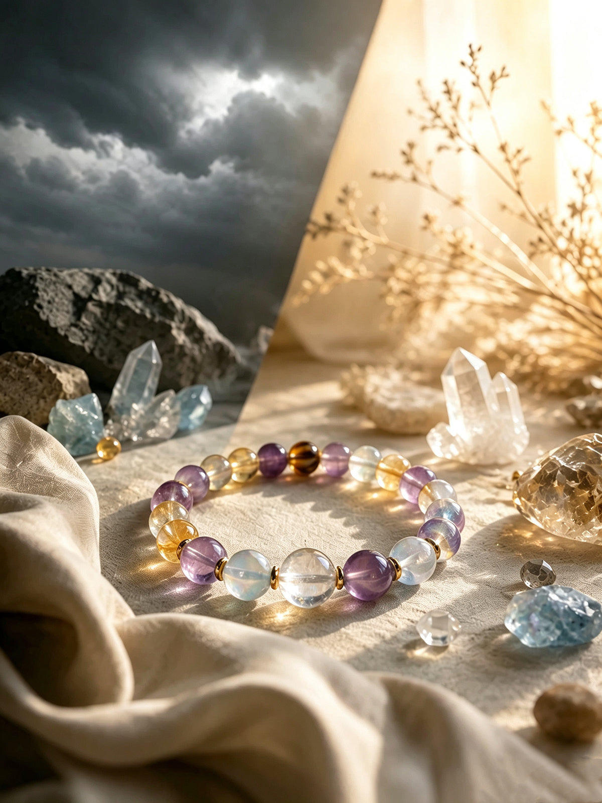 Crystal bracelet symbolizing the journey from darkness to light, representing the transformation from confusion and self-doubt to clarity, confidence, and lasting personal growth.