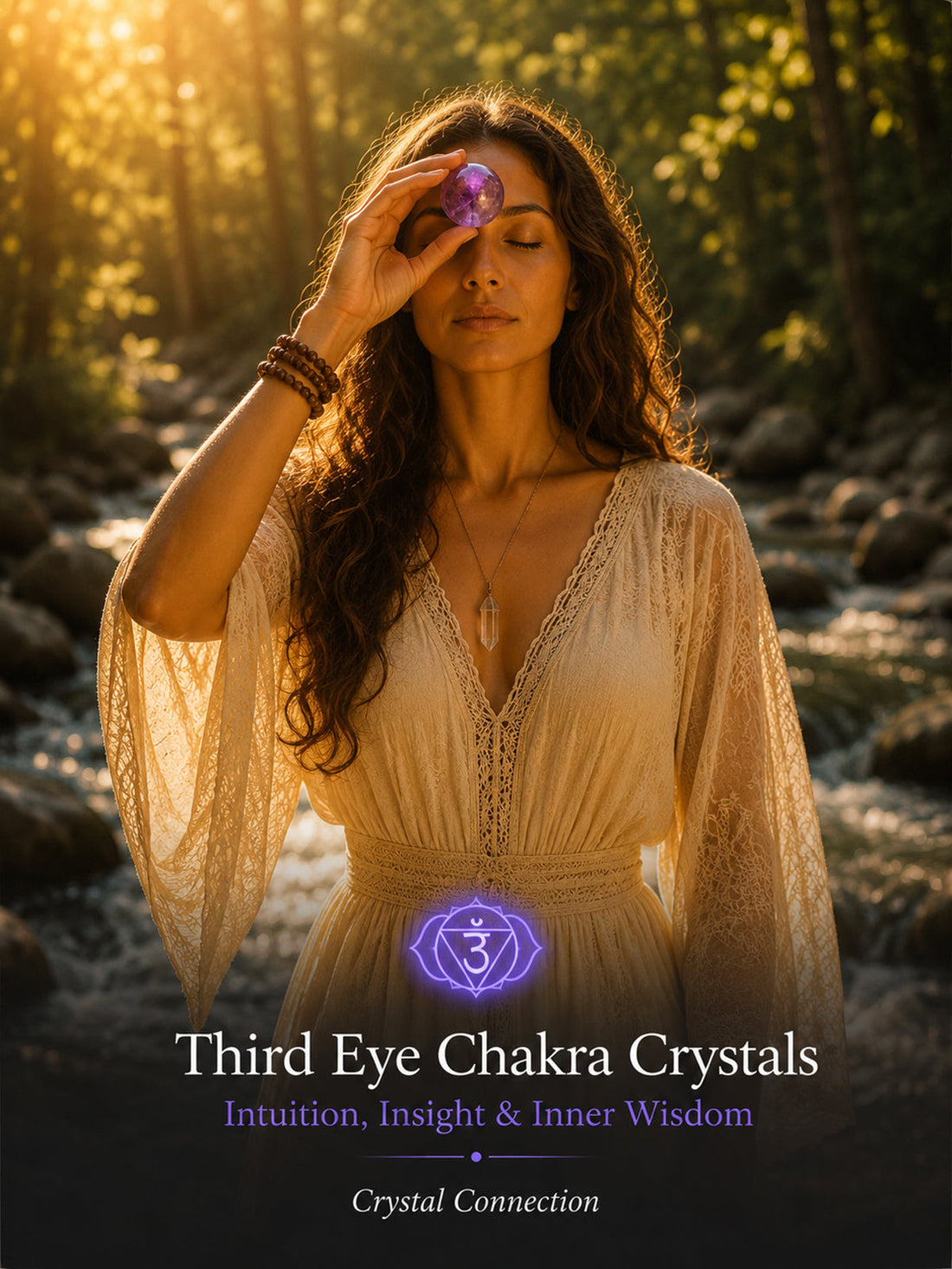 Woman holding a deep purple crystal sphere near the third eye chakra with eyes closed, symbolizing intuition, inner awareness, mental clarity, insight, and spiritual perception.