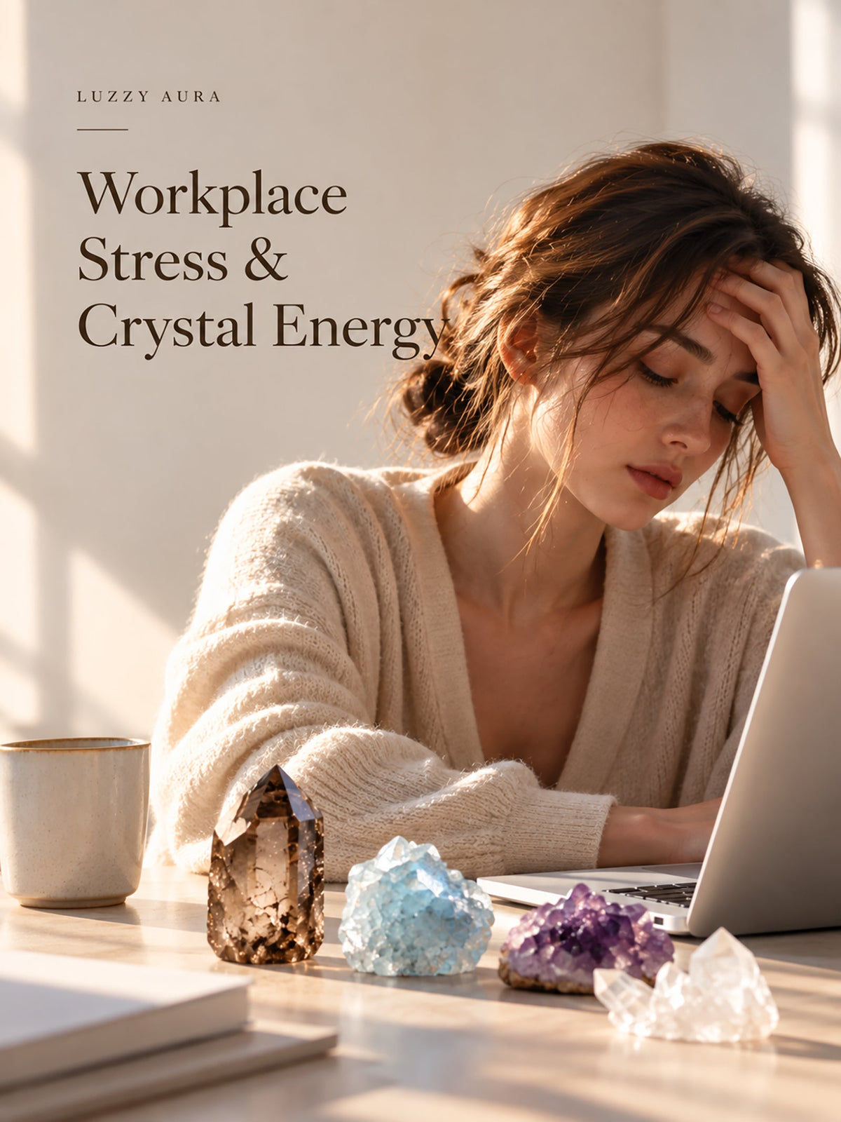 A stressed woman sitting at her laptop with smoky quartz, blue crystals, amethyst, and clear quartz on her desk, illustrating workplace stress and crystal energy.