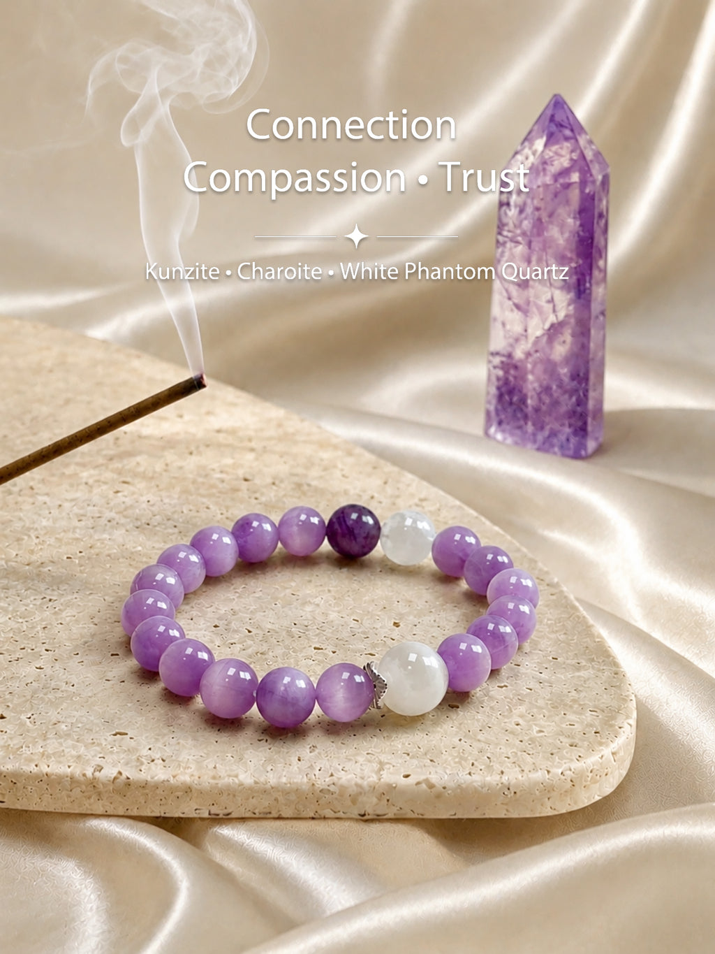 Kunzite, Charoite & White Phantom Quartz bracelet styled with natural calming elements in a minimalist setting
