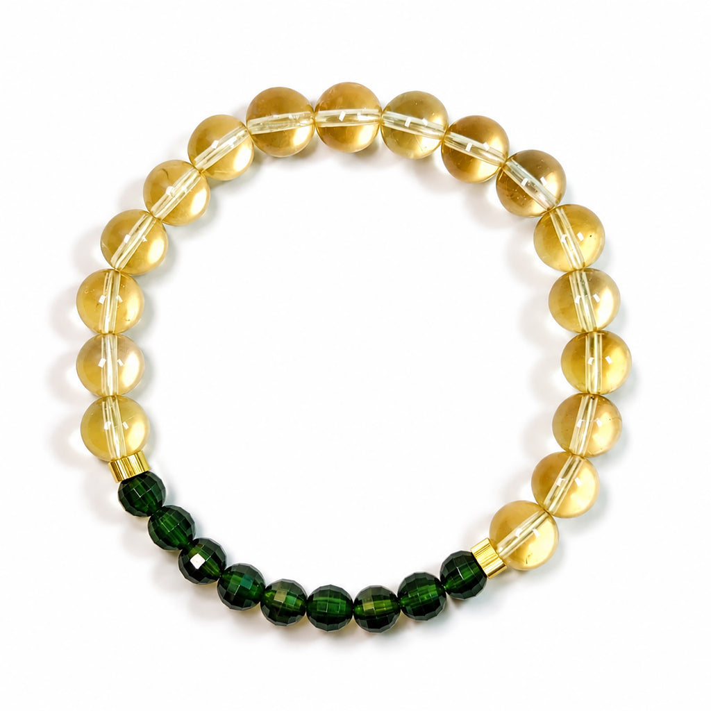 Top view of high-grade Citrine bracelet with emerald-green Diopside
