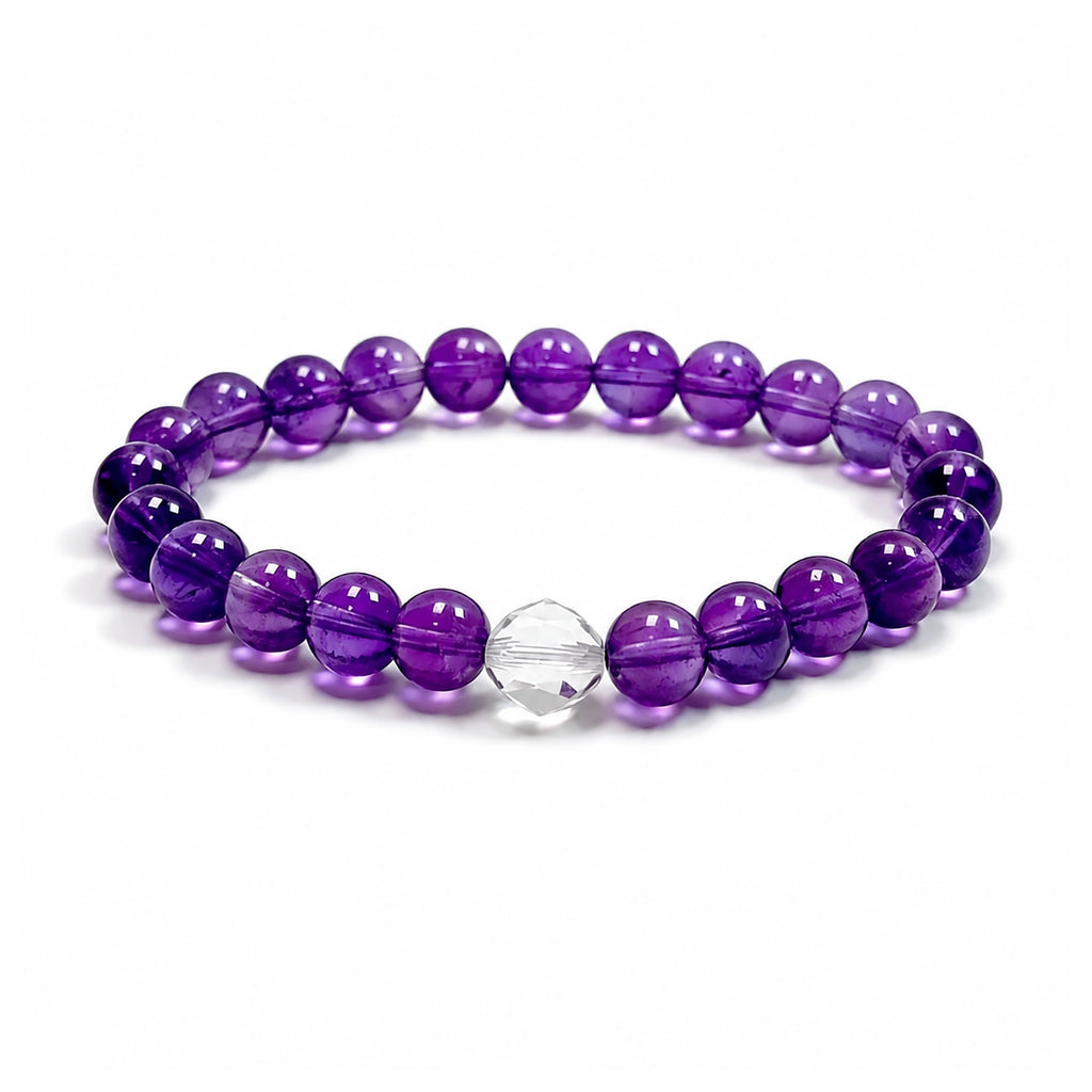 Amethyst bracelet on clean white background for intuition and inner clarity