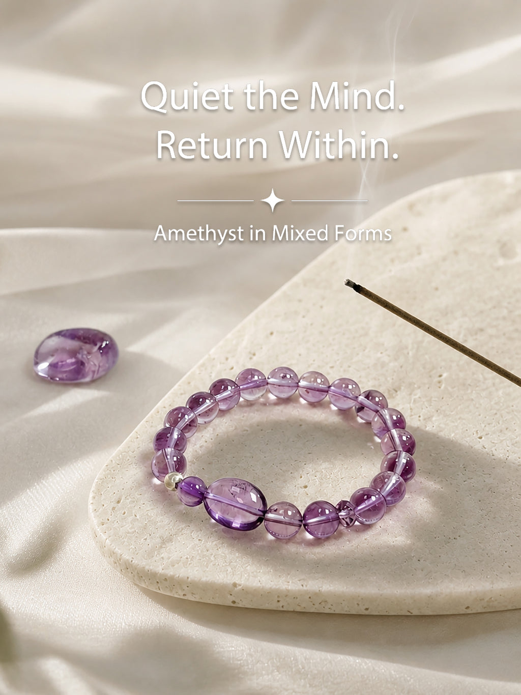 Amethyst bracelet styled on meditation altar for intuition, awareness, and inner clarity