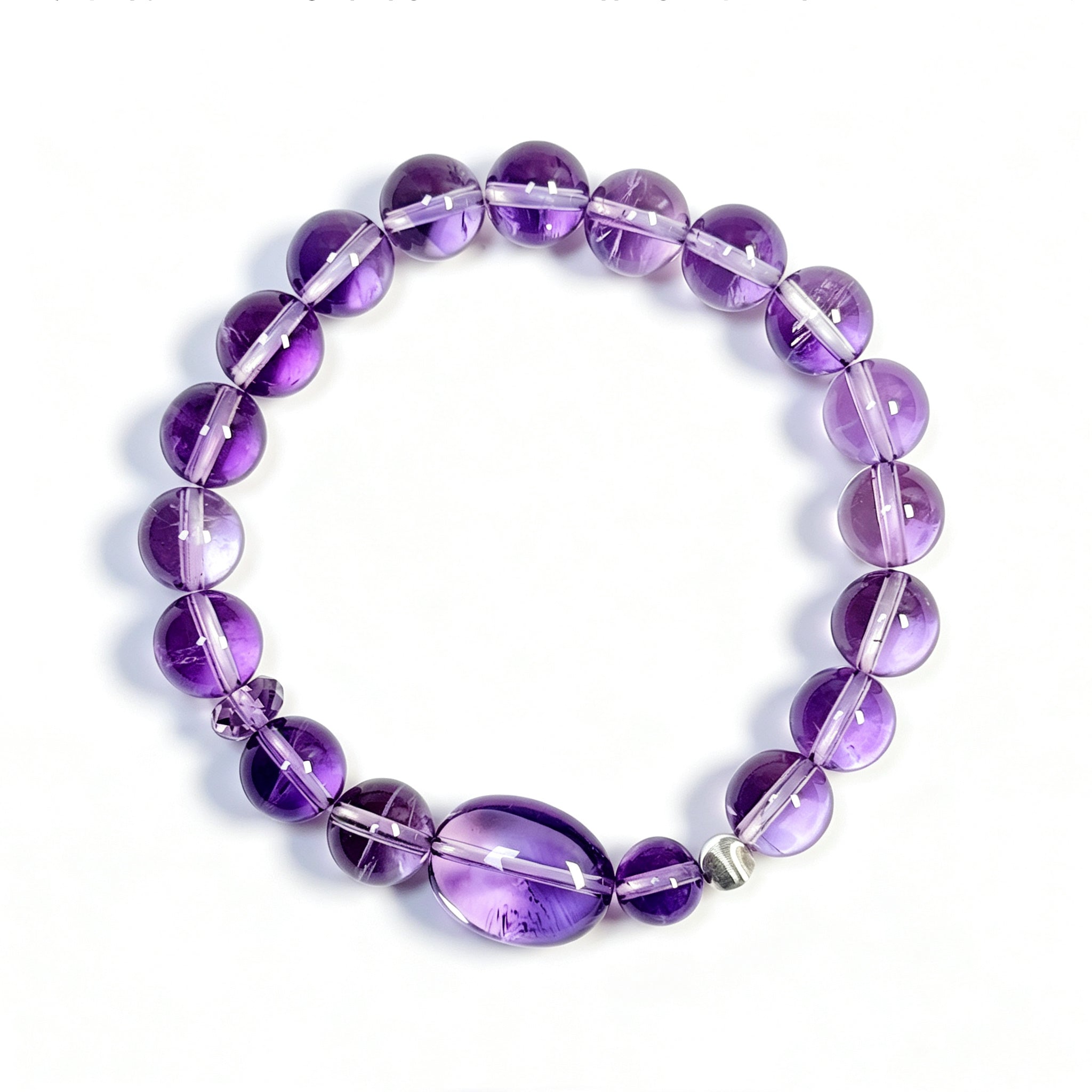 Top view of Amethyst crystal bracelet showing full bead arrangement for intuition and awareness
