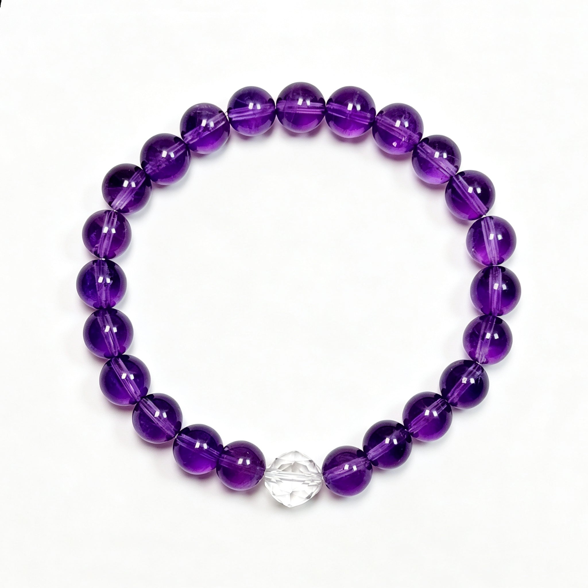 Top view of Amethyst crystal bracelet showing full bead arrangement for intuition and awareness