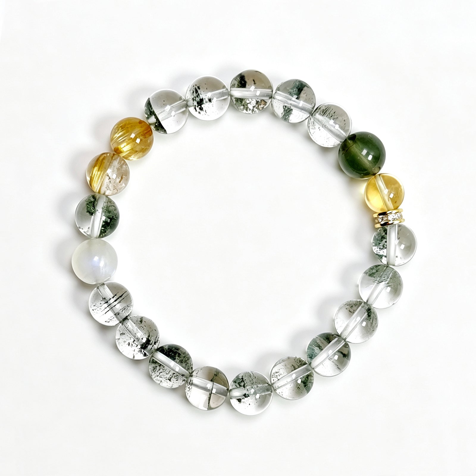 Top view of Green Phantom Quartz crystal bracelet showing full bead arrangement for abundance and aligned action