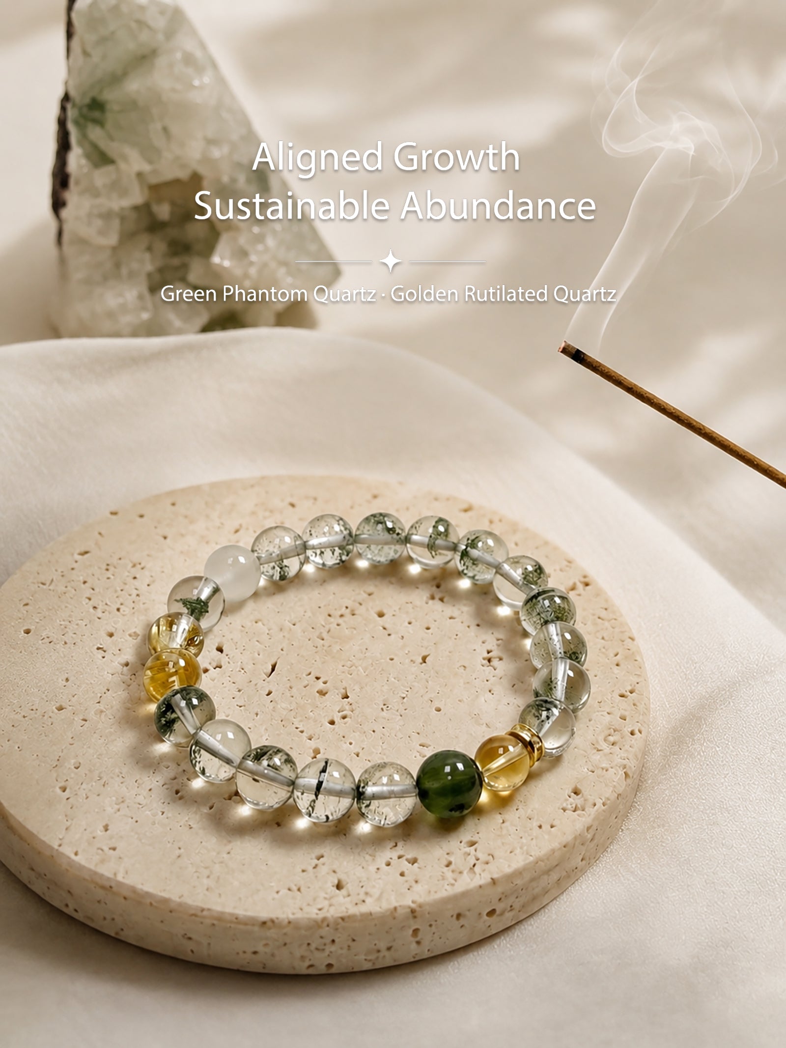 Green Phantom Quartz bracelet styled on meditation altar for abundance, confidence, and positive energy
