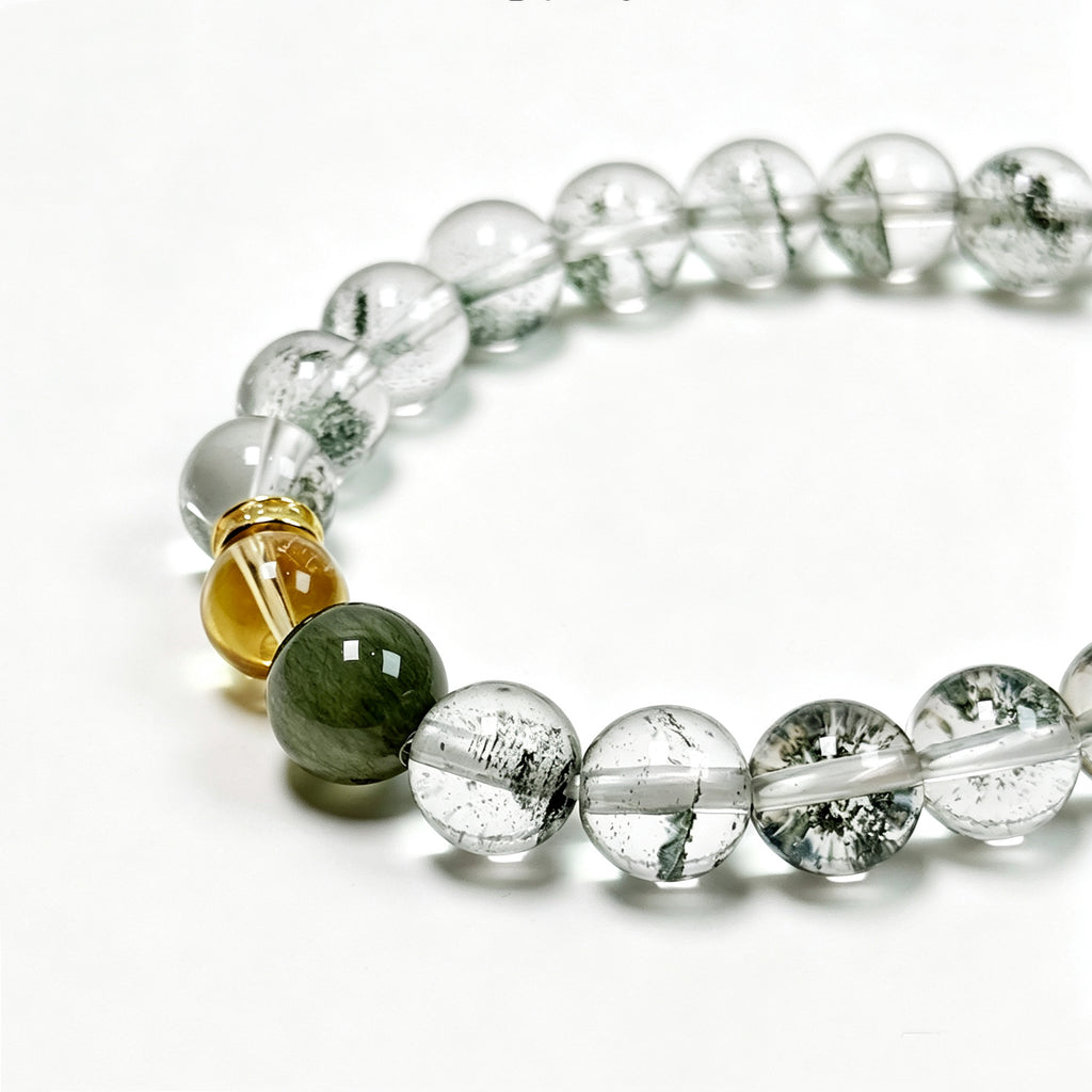 Close-up detail of Green Phantom Quartz crystal bracelet showing natural stone texture for confidence and abundance

