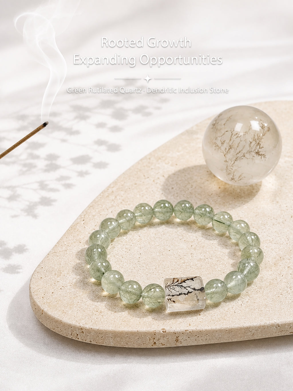 Green Rutilated Quartz bracelet styled on meditation altar for abundance, confidence, and positive energy
