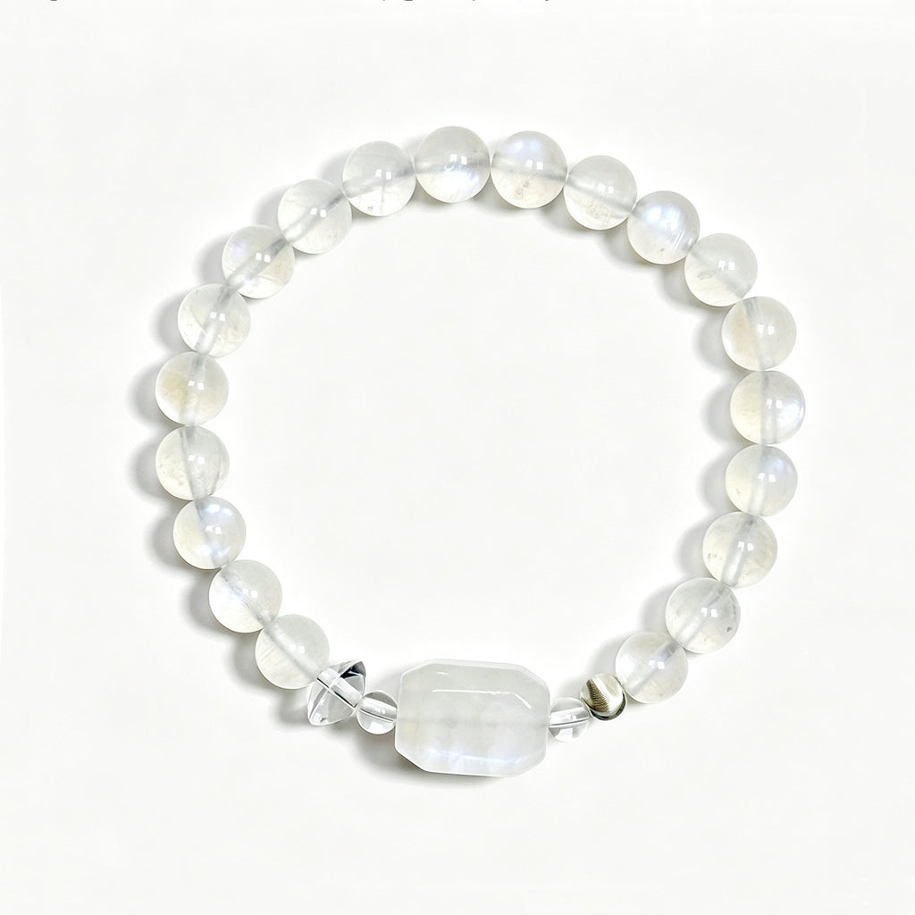 Top view of Moonstone crystal bracelet showing full bead arrangement