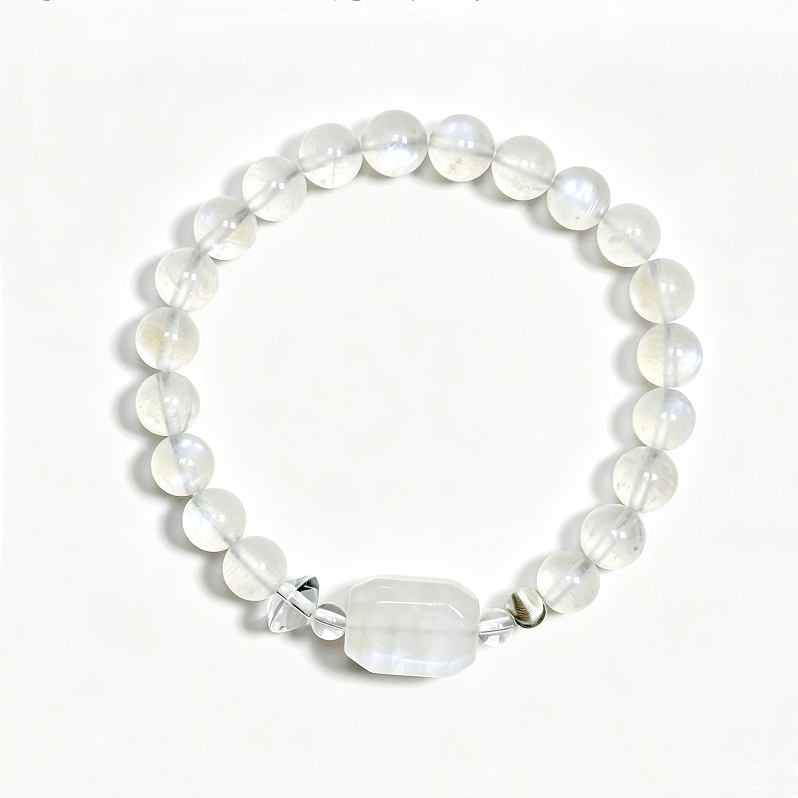 Top view of Moonstone crystal bracelet showing full bead arrangement