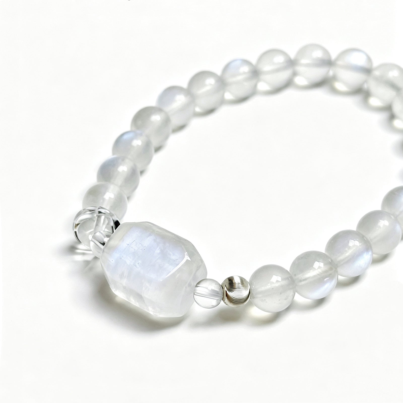 Close-up detail of Moonstone crystal bracelet showing natural stone texture
