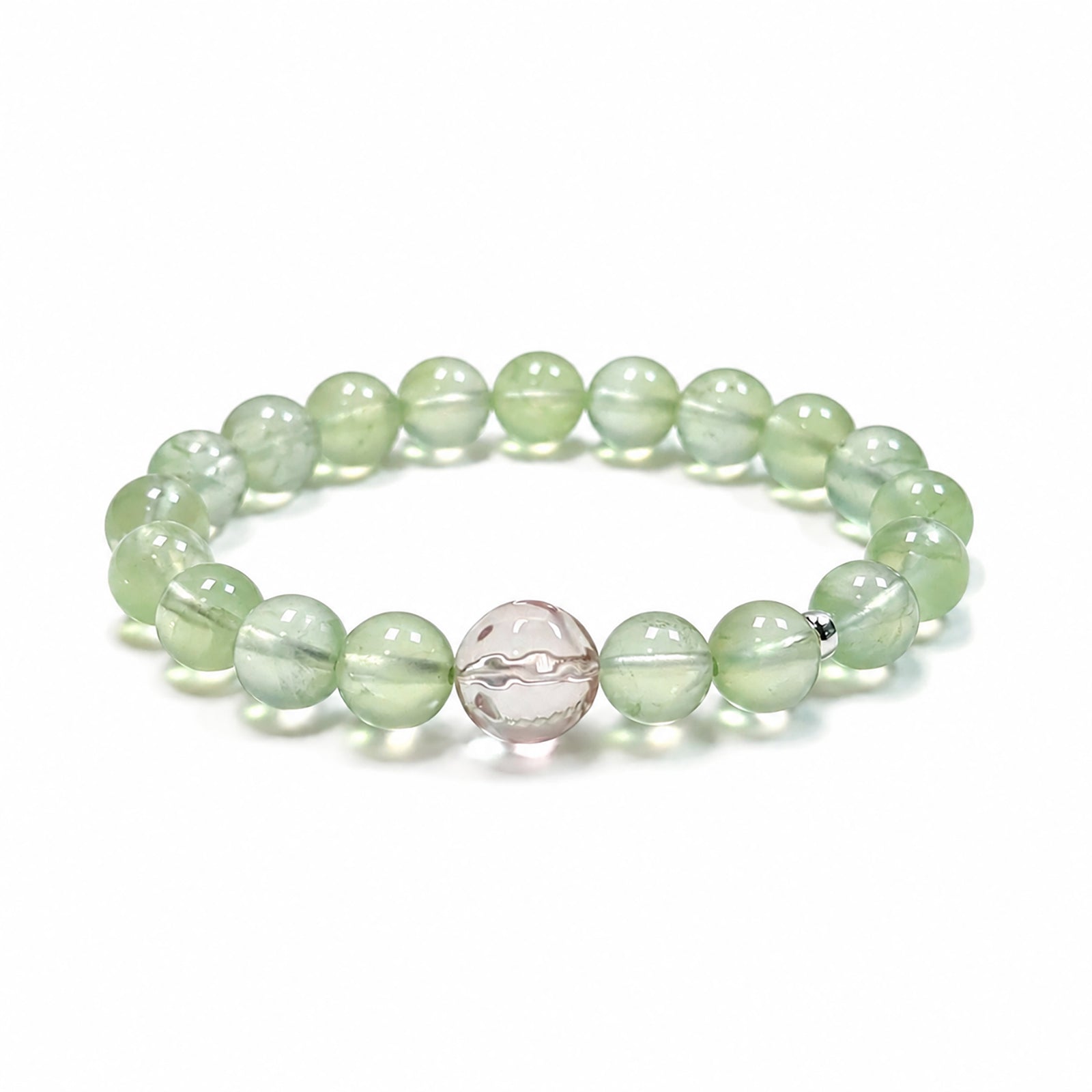 Prehnite bracelet on clean white background for love and self-love