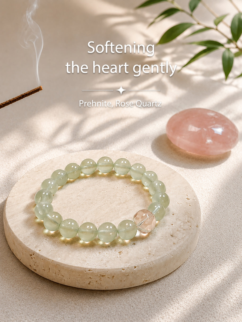 Prehnite bracelet styled on meditation altar for love, self-love, and emotional connection