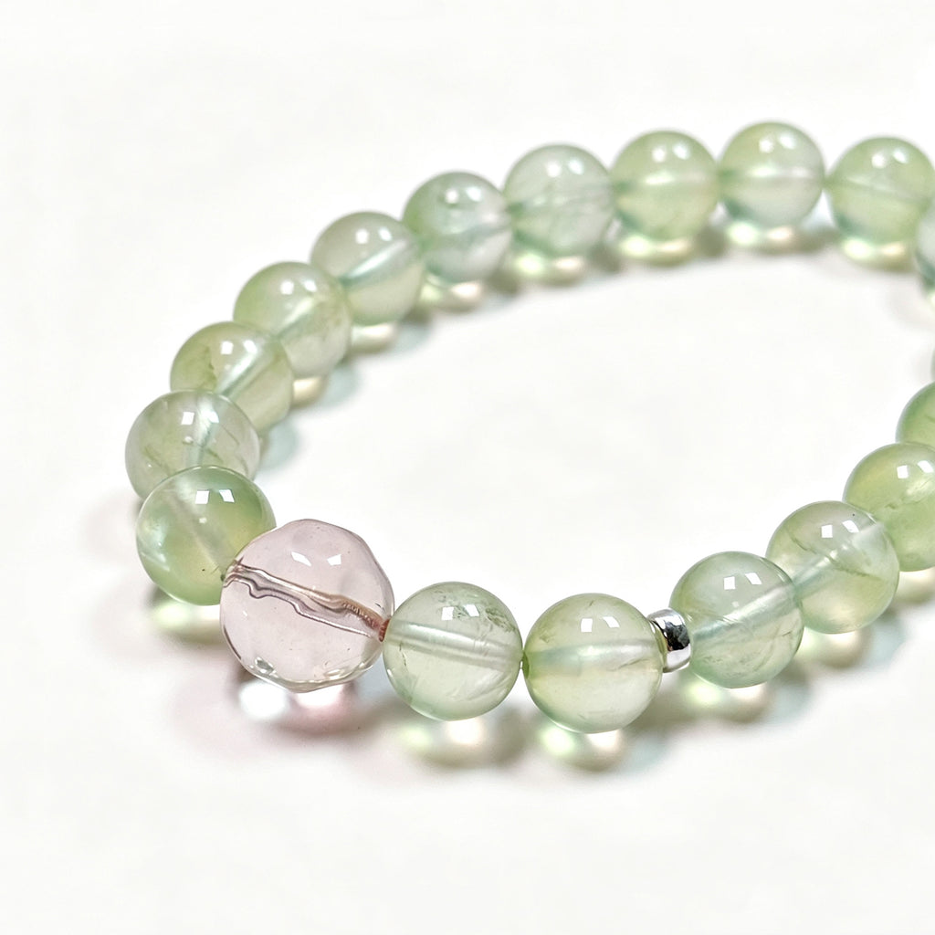 Close-up detail of Prehnite crystal bracelet showing natural stone texture for self-love and gentle emotional healing