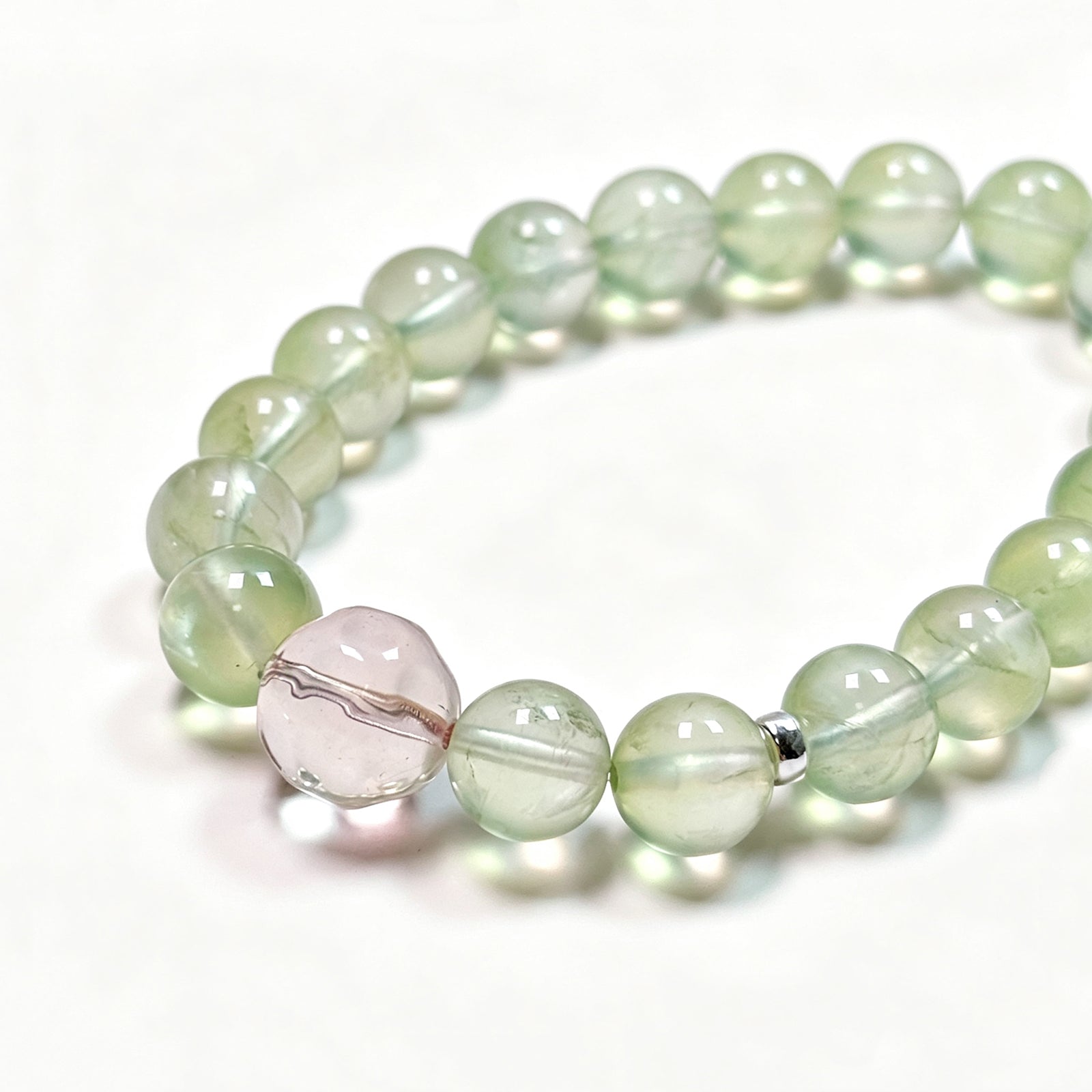 Close-up detail of Prehnite crystal bracelet showing natural stone texture for self-love and gentle emotional healing