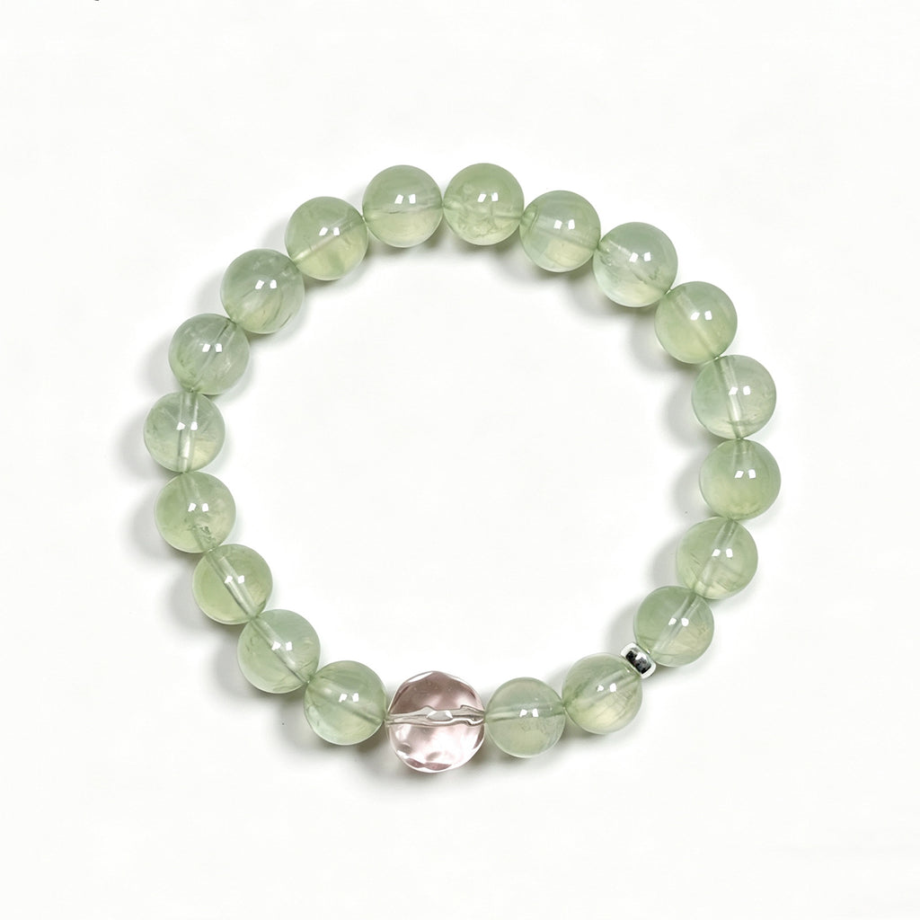 Top view ofPrehnite crystal bracelet showing full bead arrangement for love and emotional connection