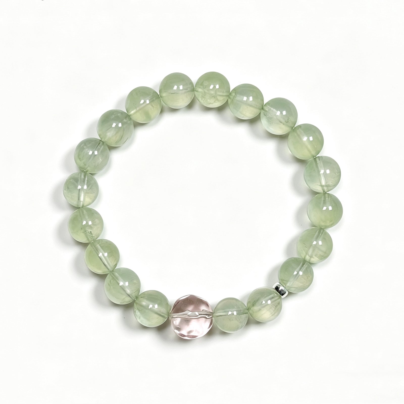Top view ofPrehnite crystal bracelet showing full bead arrangement for love and emotional connection