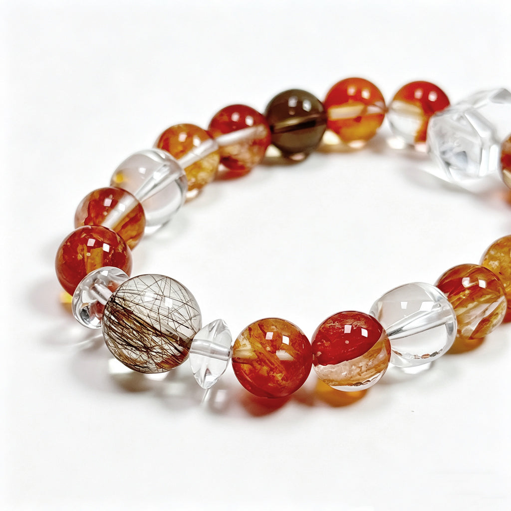 Close-up detail of Red Flower Quartz crystal bracelet showing natural stone texture