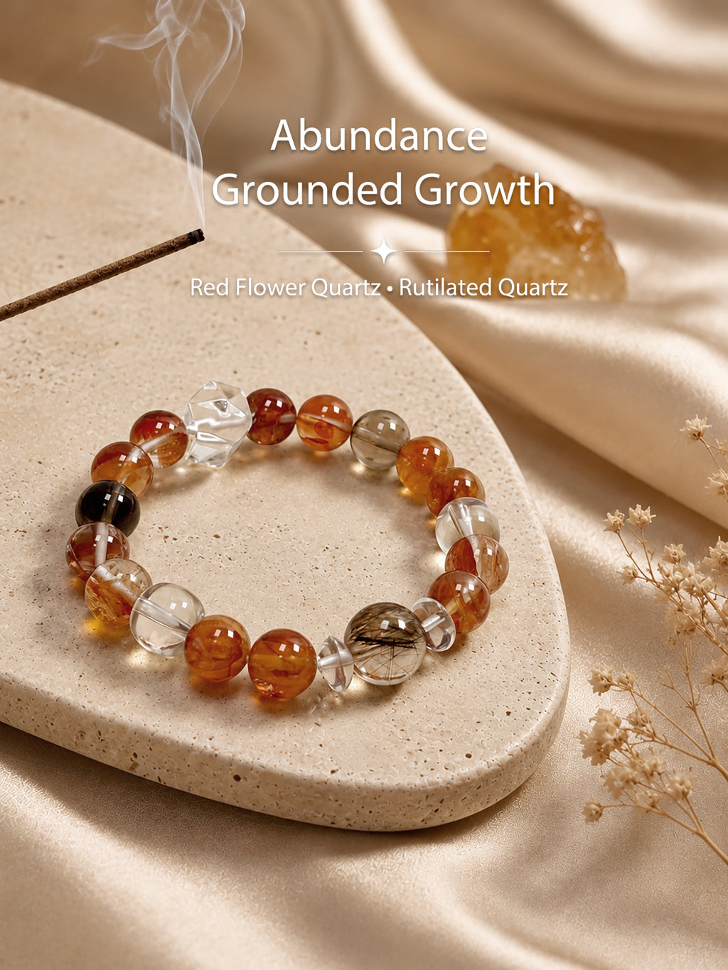 Red Flower Quartz bracelet styled on meditation altar with calming spiritual objects