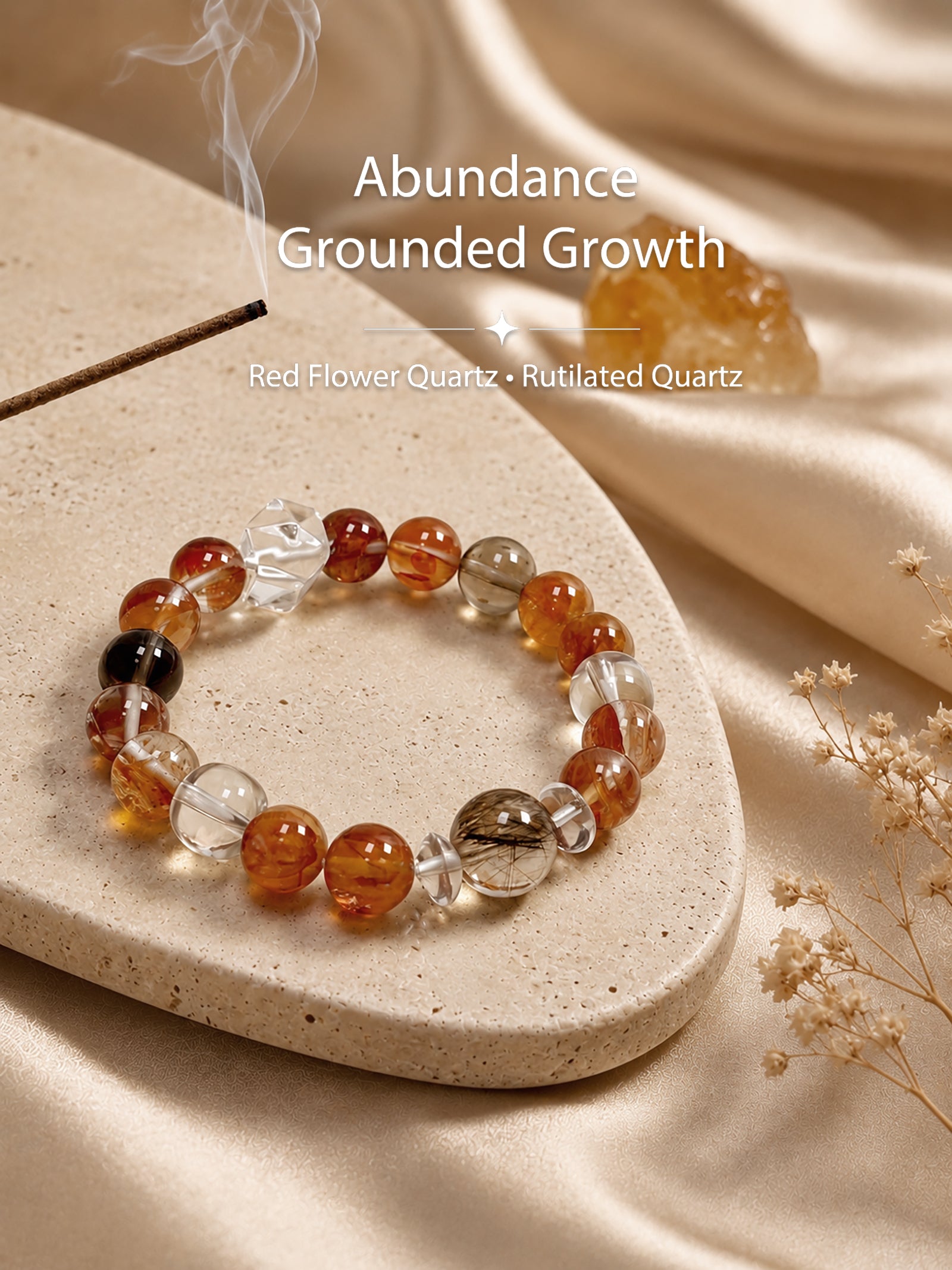 Red Flower Quartz bracelet styled on meditation altar with calming spiritual objects