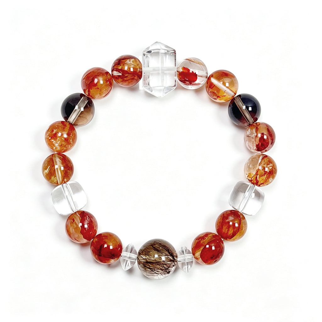 Top view of Red Flower Quartz crystal bracelet showing full bead arrangement