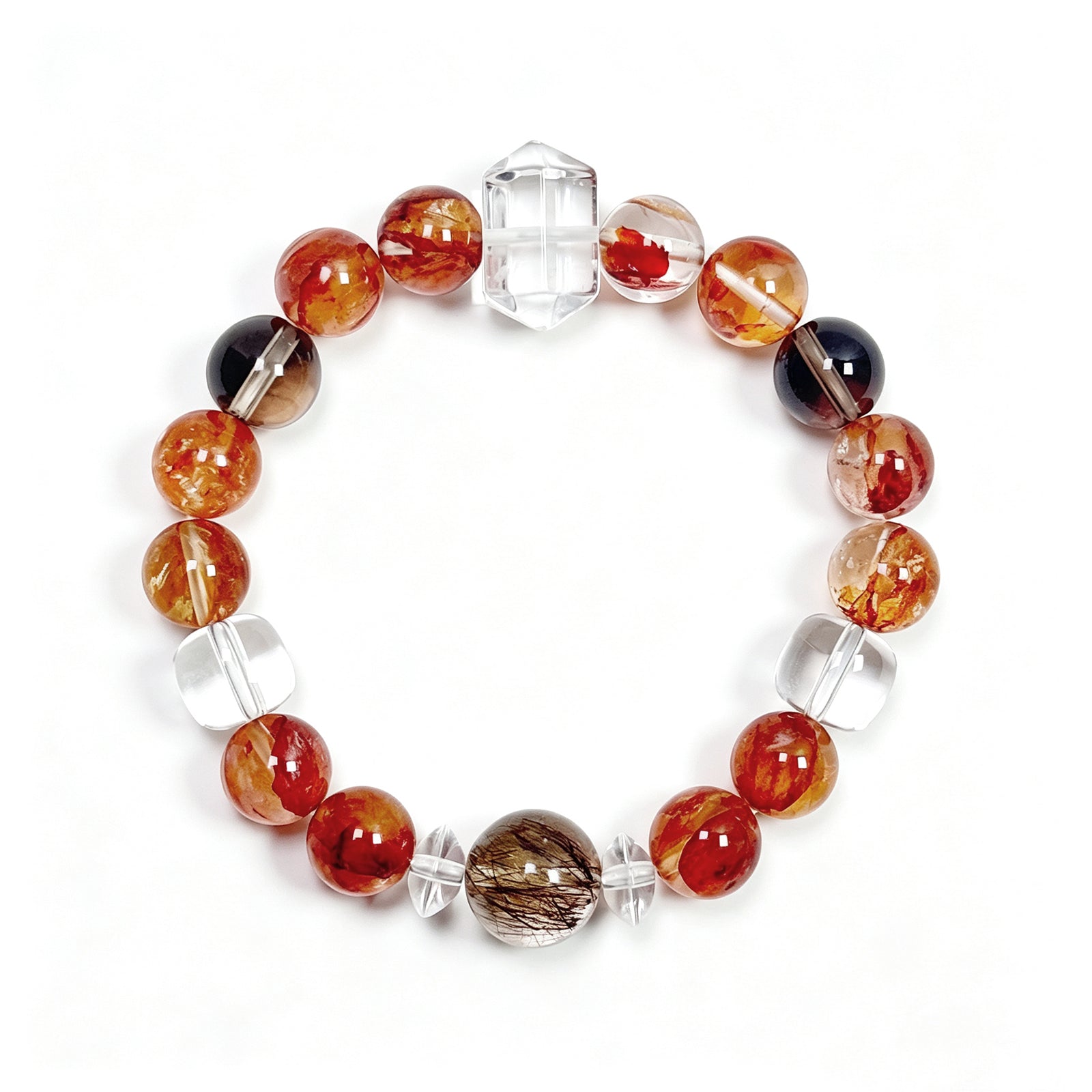 Top view of Red Flower Quartz crystal bracelet showing full bead arrangement