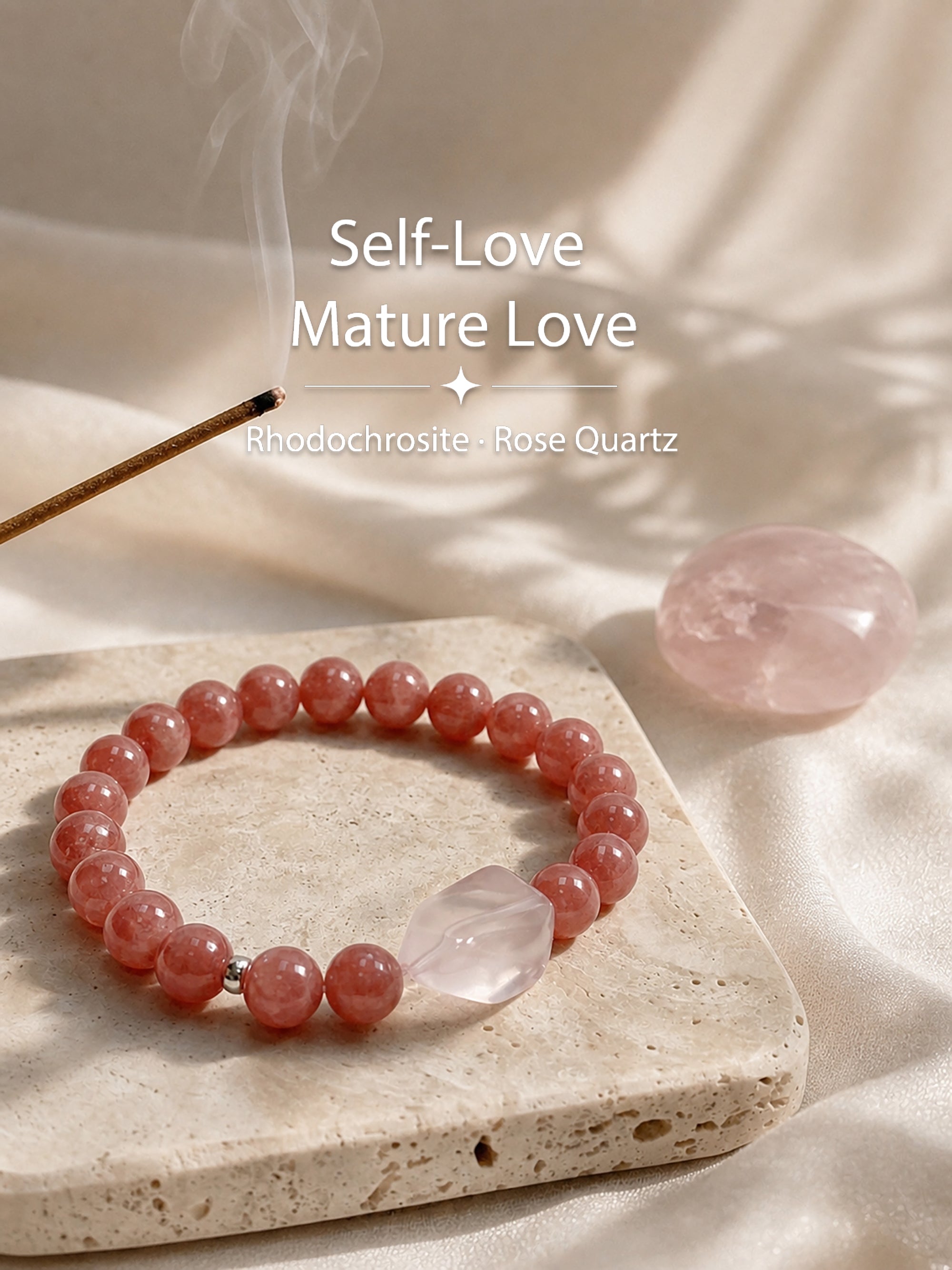 Rhodochrosite bracelet styled on meditation altar for love, self-love, and emotional connection