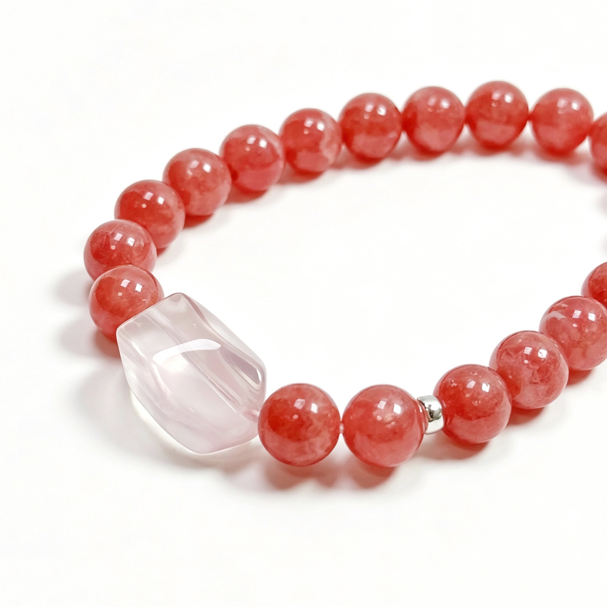 Close-up detail of Rhodochrosite crystal bracelet showing natural stone texture for self-love and gentle emotional healing