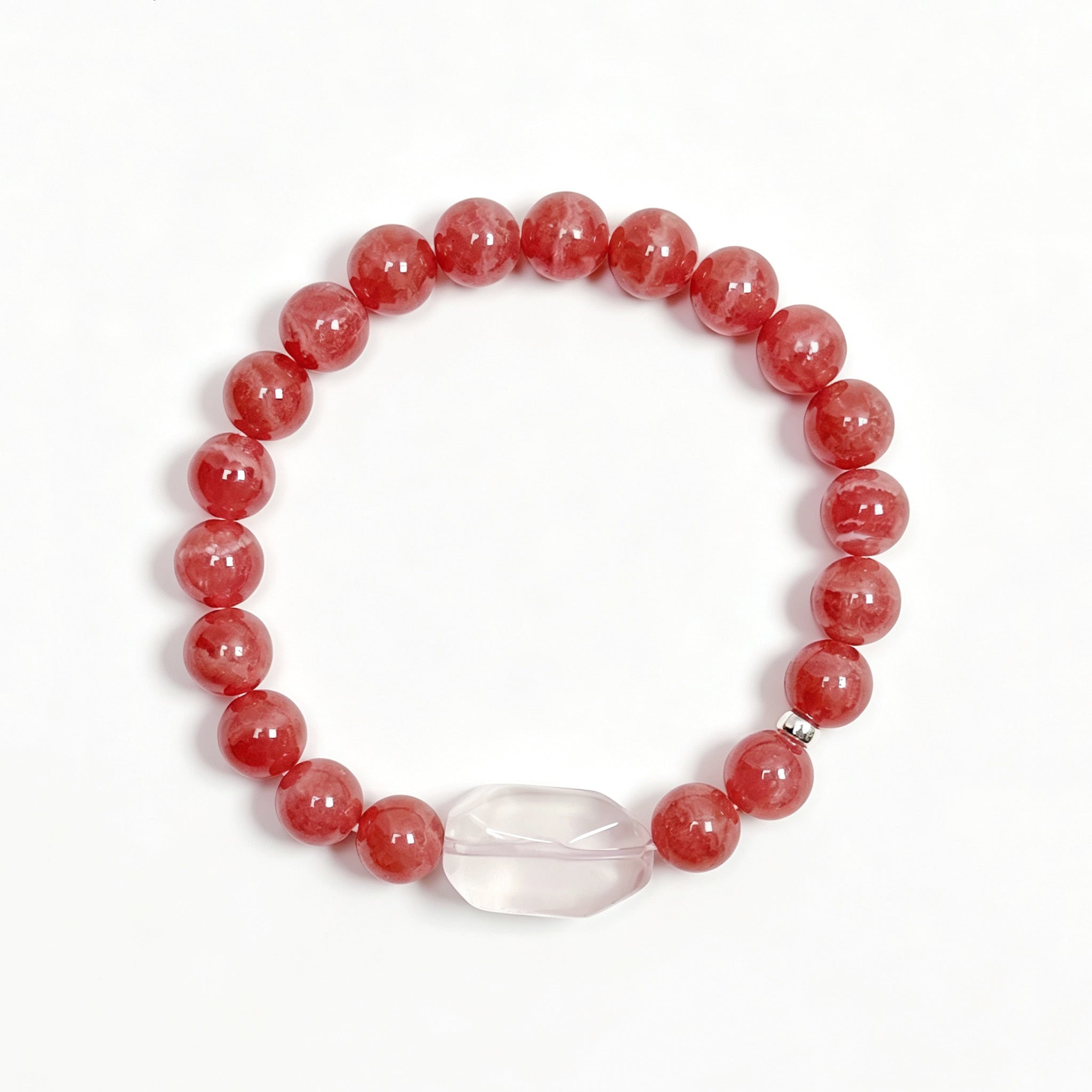 Top view of Rhodochrosite crystal bracelet showing full bead arrangement for love and emotional connection
