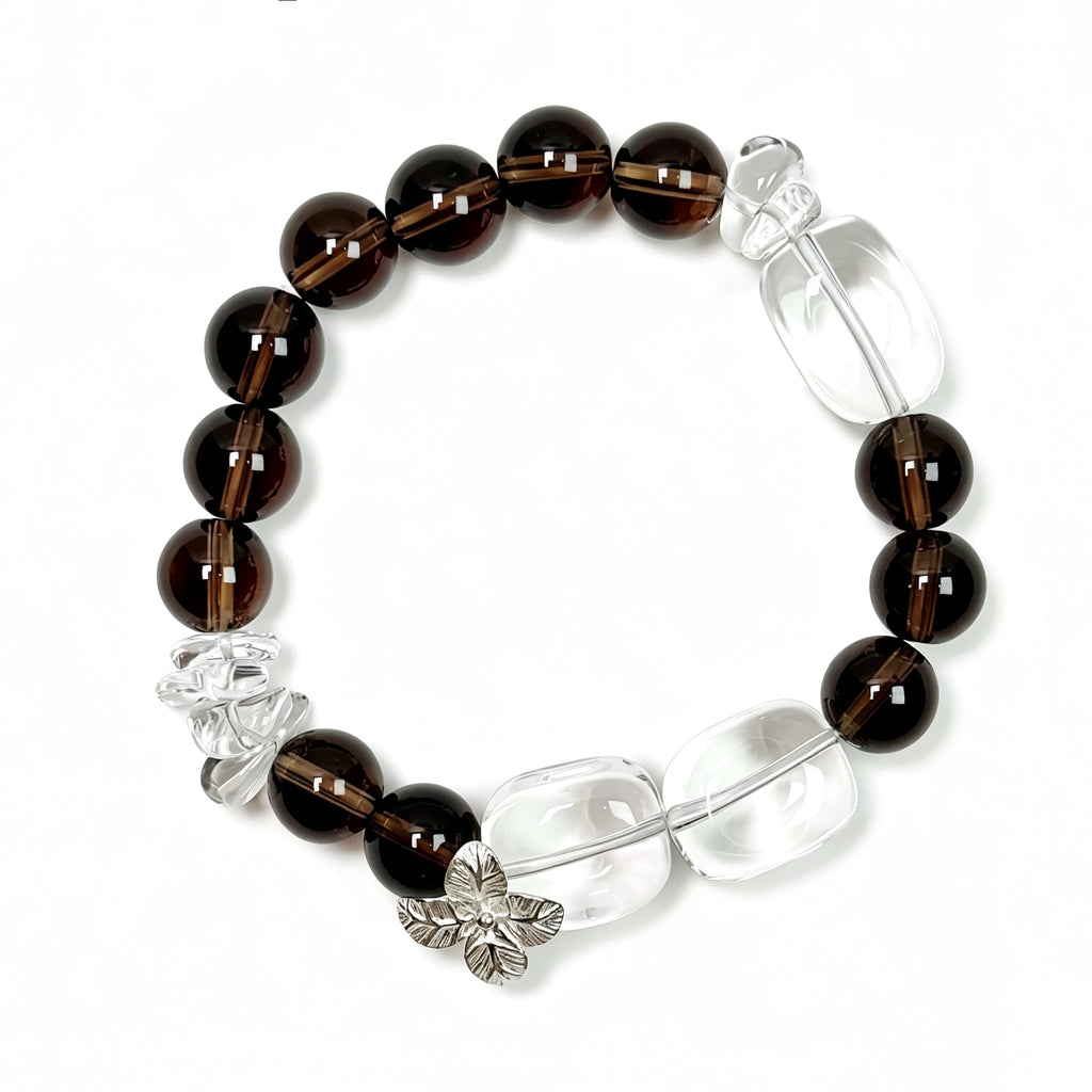 Top view of Smoky Quartz and Clear Quartz bracelet showing full bead arrangement for protection and renewal