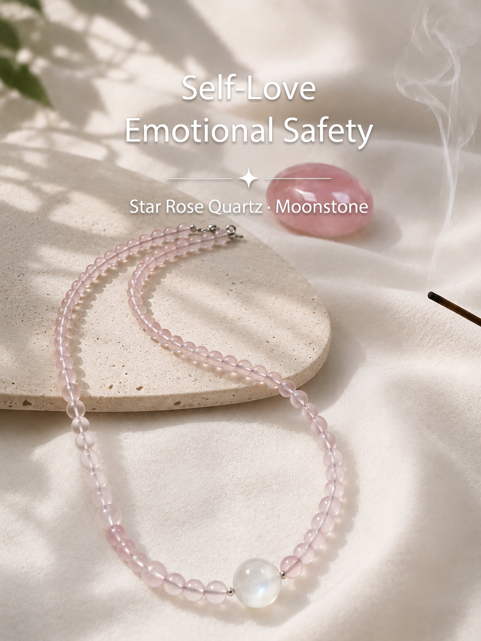 Star Rose quartz necklace styled on meditation altar for love, self-love, and emotional connection