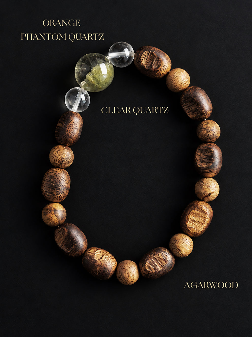 Black background mineral guide featuring an Agarwood bracelet with natural Green Phantom Quartz and Clear Quartz, highlighting the distinctive wood grain, green mineral 