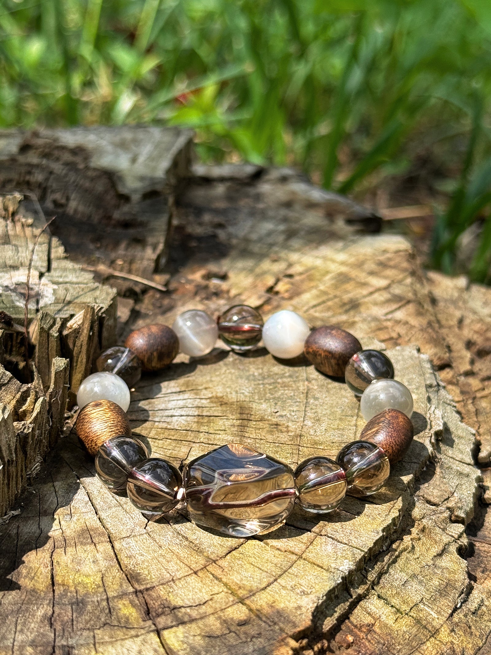 Agarwood, Smoky Quartz and Sunstone Bracelet in Nature, Grounding Crystal Bracelet for Protection, Inner Strength and Emotional Balance