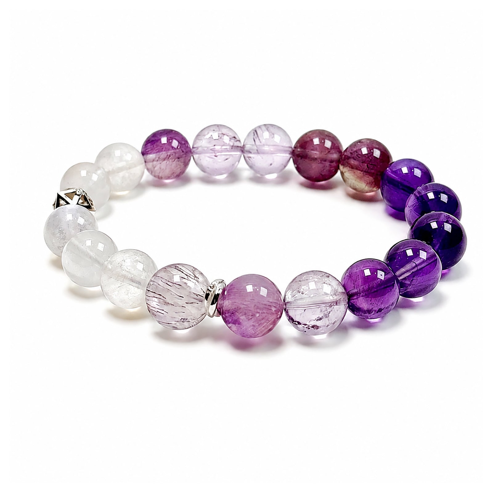 Amethyst, purple titanium quartz, and moonstone bracelet on clean white background for intuition and higher awareness