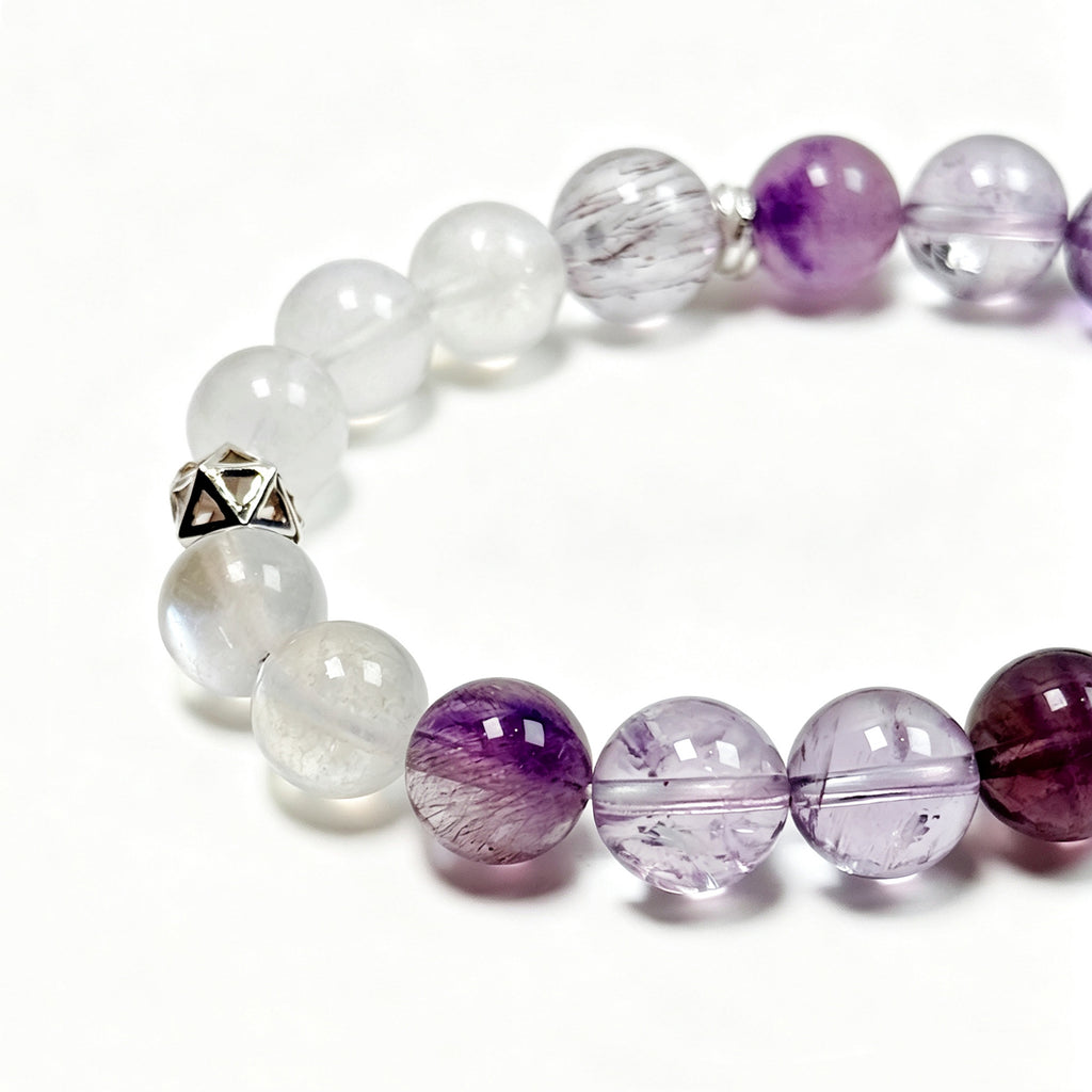 Close-up of Natural Amethyst, Purple Titanium Quartz and Moonstone Bracelet